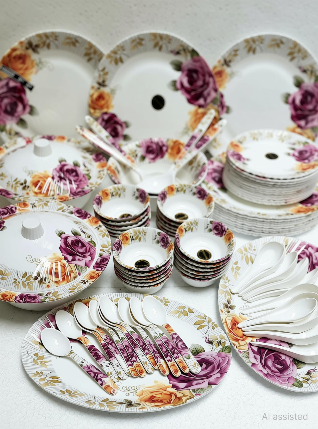 Image of Radhe Crockery Pack of 84 Melamin Dinner Set (White, Pink)