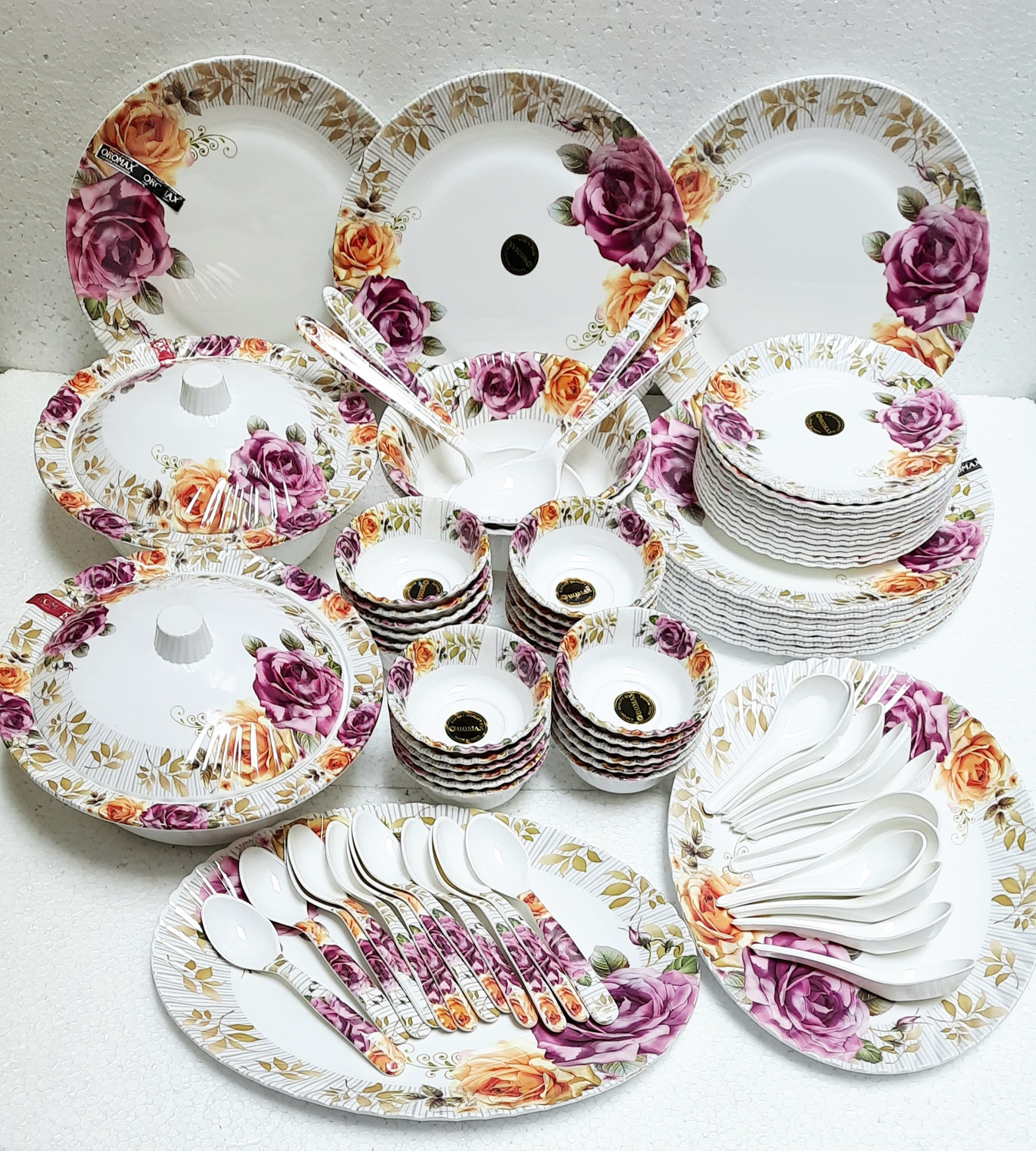 Image of Radhe Crockery Pack of 84 Melamin Dinner Set (White, Pink)