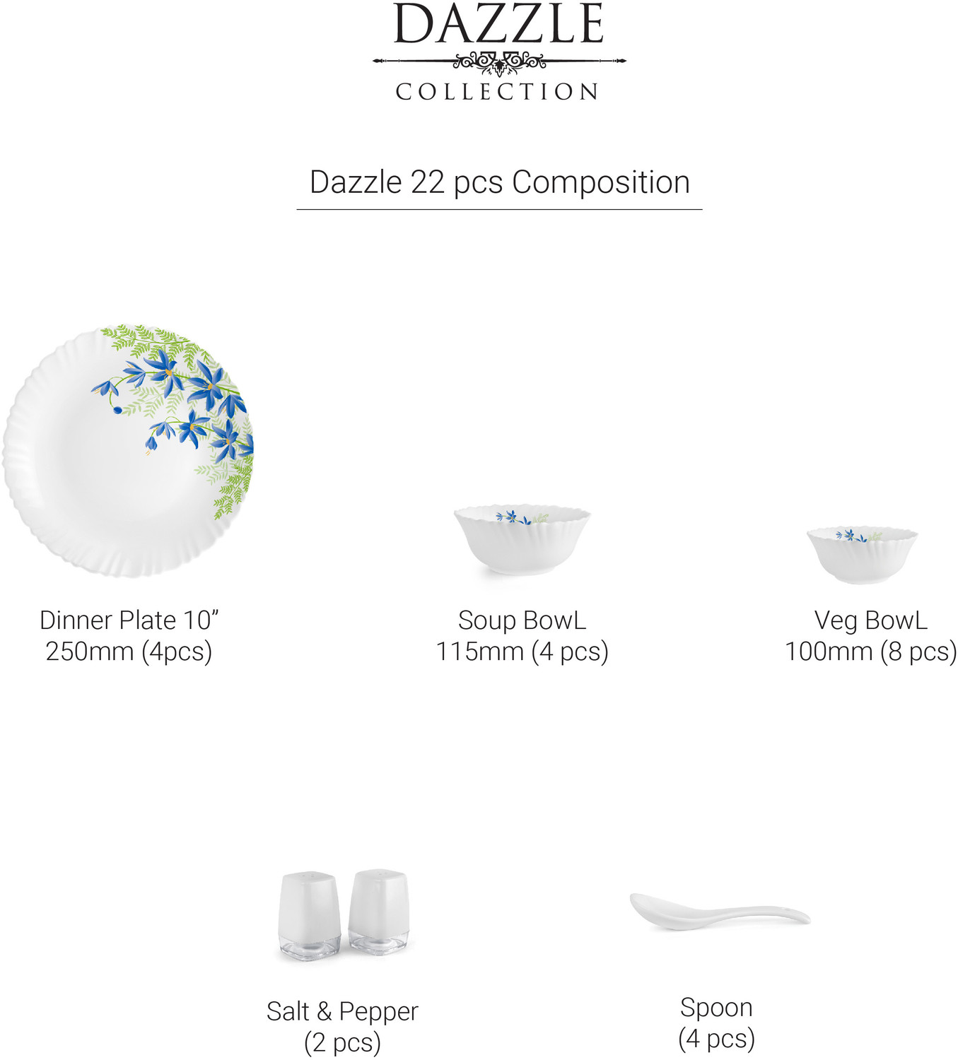Image of cello Pack of 22 Opalware Dazzle Series Blue Primrose Crockery Set |Dishwasher Safe|Light-Weight Dinner Set (Green, Blue, Microwave Safe)