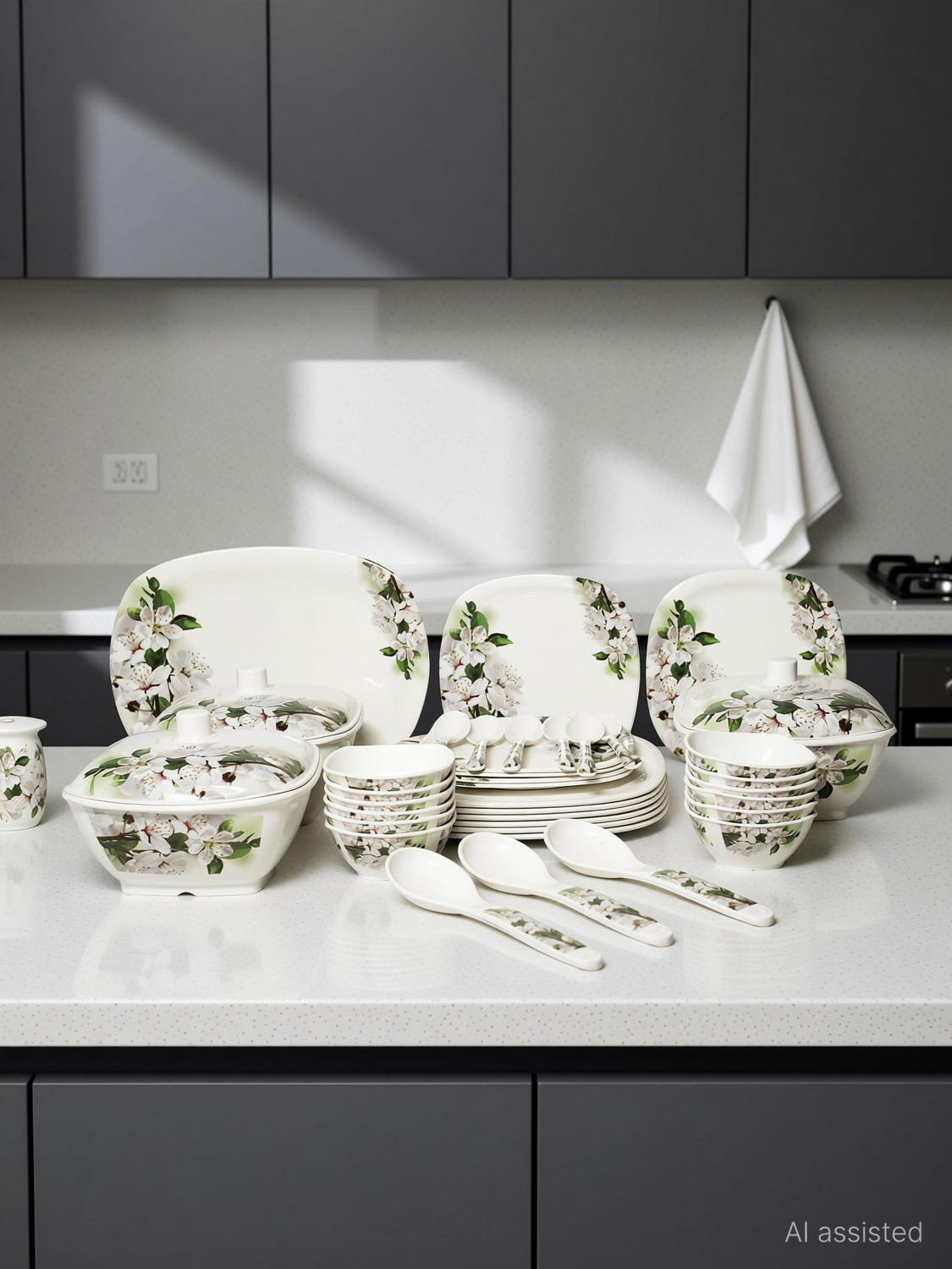 Image of BATANIYA Pack of 40 Melamin Green Floral High Gloss Dinner Set