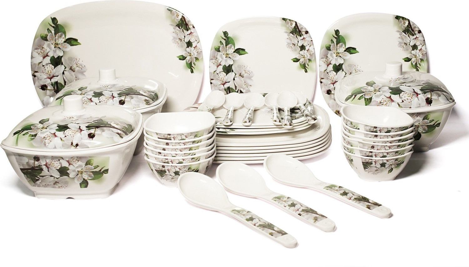 Image of BATANIYA Pack of 40 Melamin Green Floral High Gloss Dinner Set