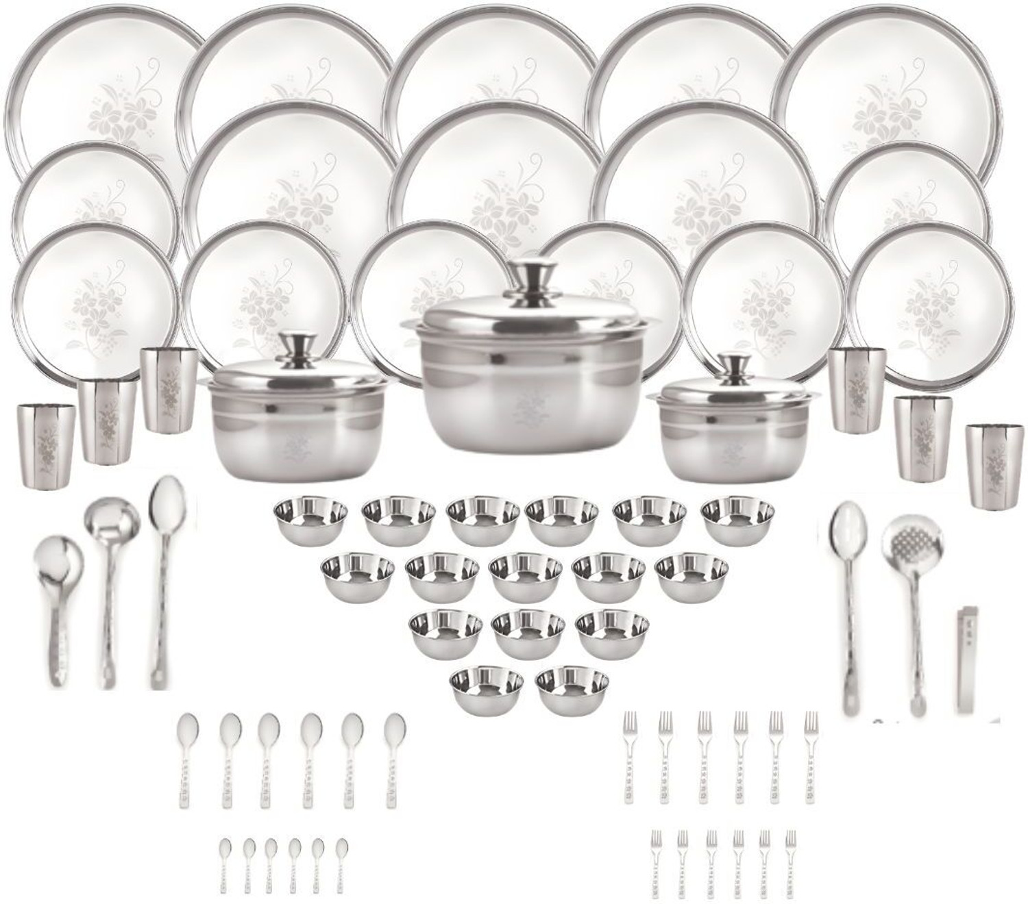 Image of NEELAM Pack of 101 Stainless Steel Neelam Stainless Steel 24G Lazer Etching Eco Dinner Set 101 Pcs Silver Dinner Set
