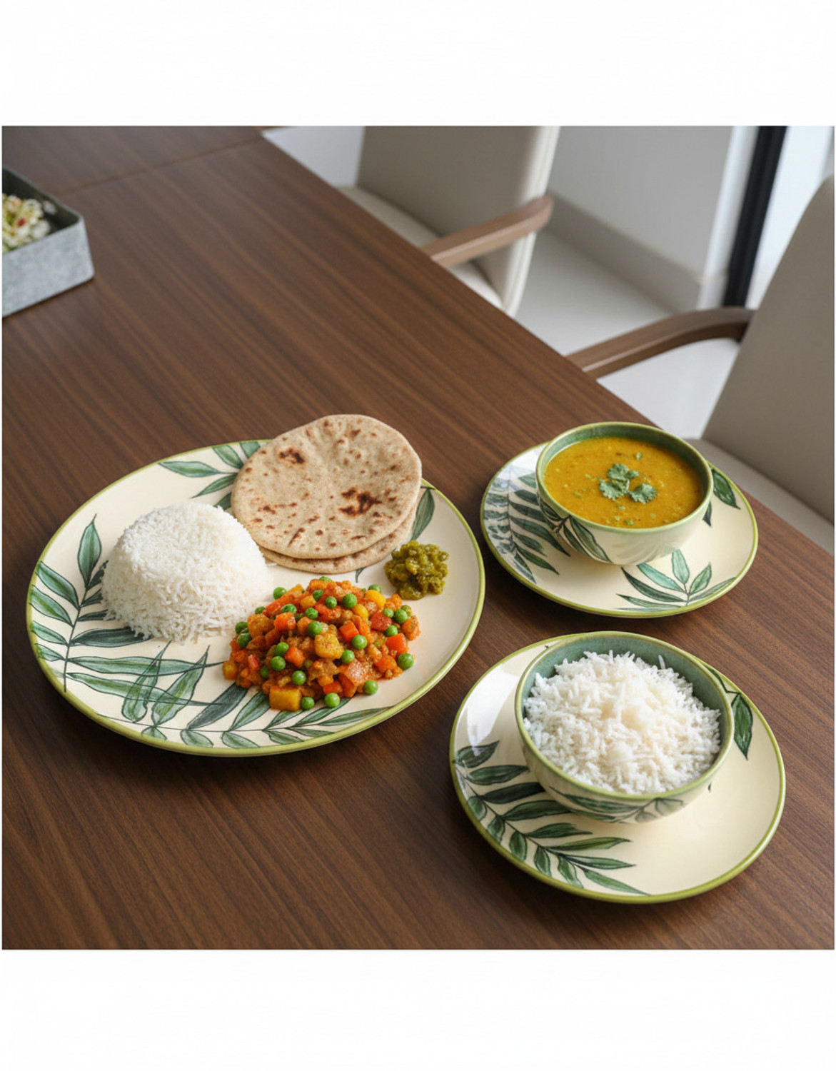 Image of Brills Pack of 3 Ceramic -(Leaf Print), Handpainted Dinnerware I Full Plate, Quarter Plate & Katori - Dinner Set