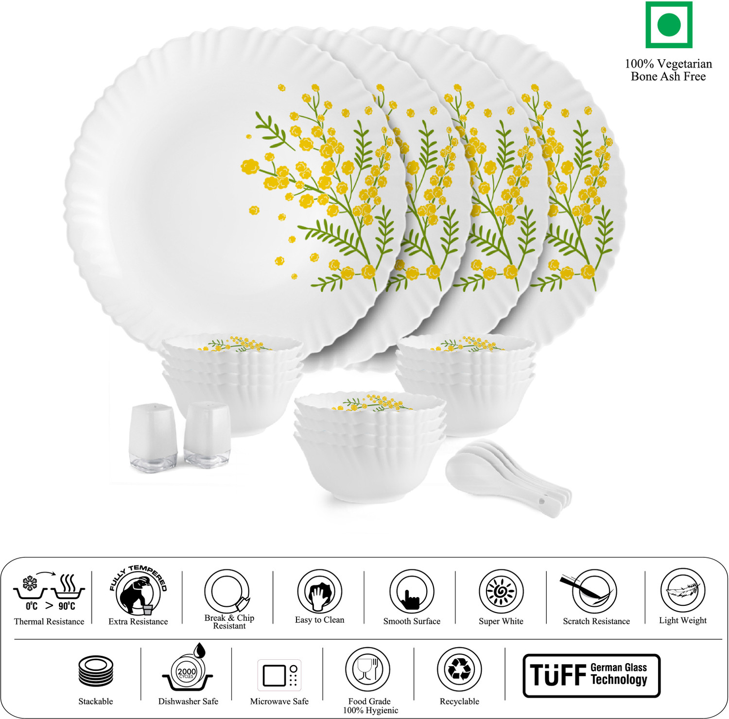 Image of cello Pack of 22 Opalware Dazzle Series Girasol Crockery Set | Dishwasher Safe | Light-Weight Dinner Set (Yellow, Green, Microwave Safe)