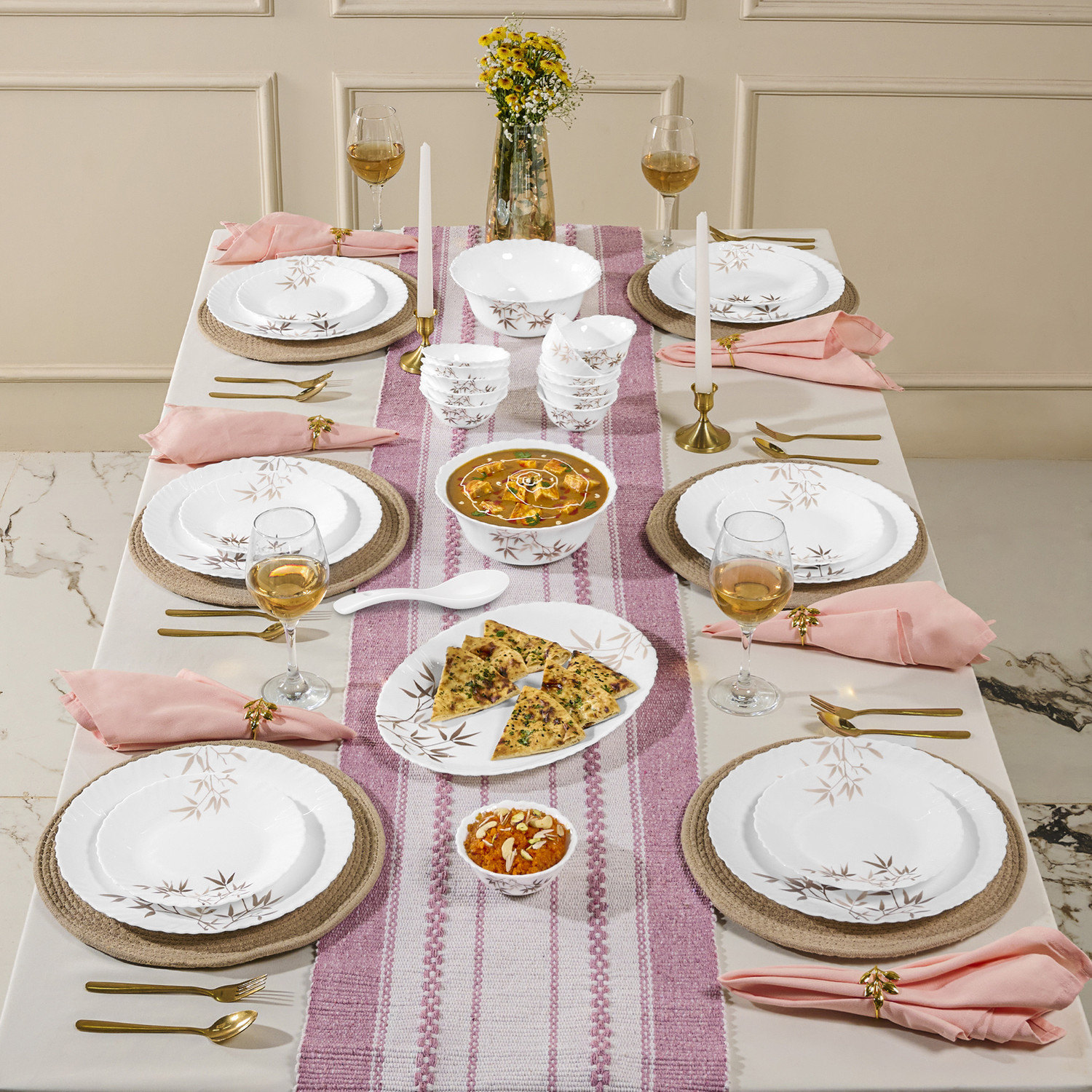 Image of TREO Pack of 33 Opalware Opalware Aurelia Arashi Dinner Set of 33 Serving for 6 Set for Dining, Gifting Dinner Set