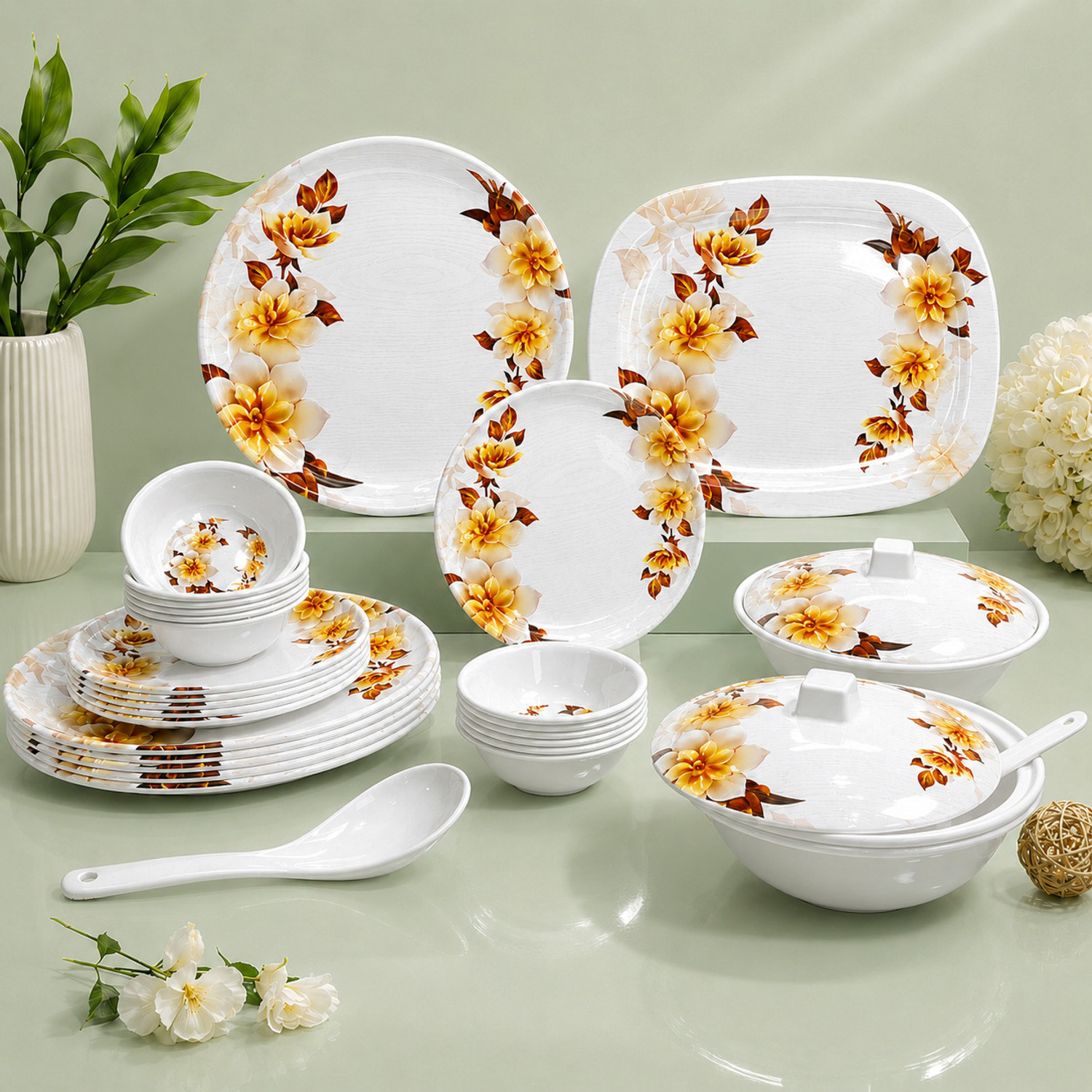 Image of WCSE Pack of 32 Melamin City Gold 100% Food grade and Dishwasher Safe|Stain resistant Dinner Set