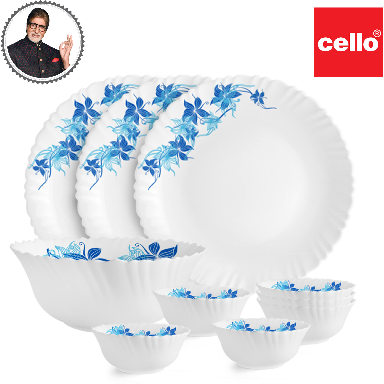 Image of cello Pack of 10 Opalware Series Blue Swirl Crockery Set | Dishwasher Safe | Light-Weight Dinner Set (Blue, Microwave Safe)