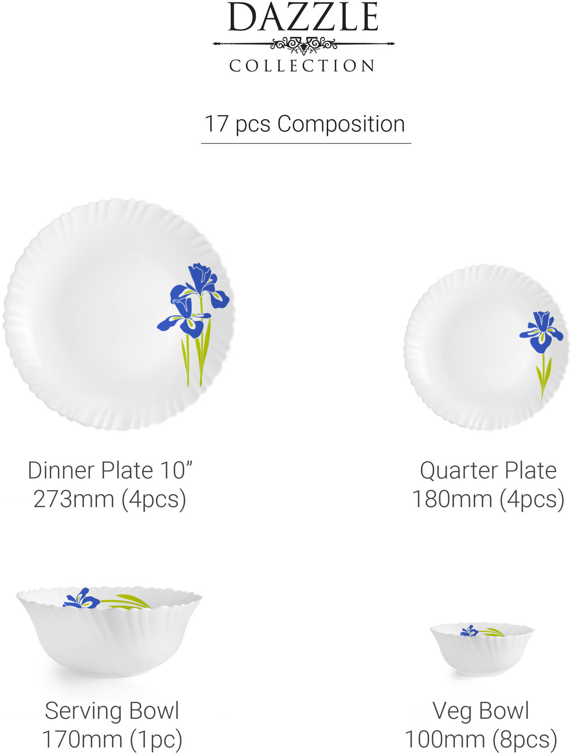 Image of cello Pack of 17 Opalware Dazzle Opalware Blue Iris Dinner Set Dinner Set (Blue, White, Microwave Safe)