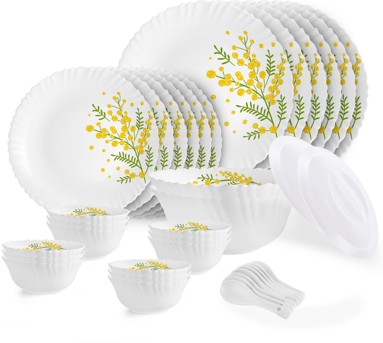 Image of cello Pack of 34 Opalware Dazzle Series Girasol Crockery Set|Dishwasher Safe|Light-Weight Dinner Set (Yellow, Green, Microwave Safe)
