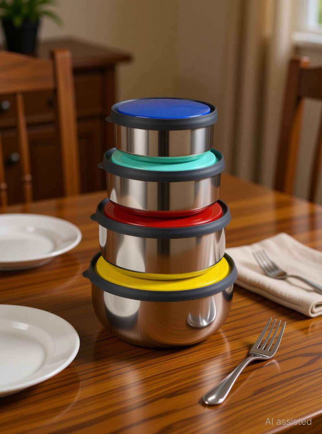 ALSAAS Pack of 4 Stainless Steel Bowl with airtight lid Set, 4-Pieces Dinner Set