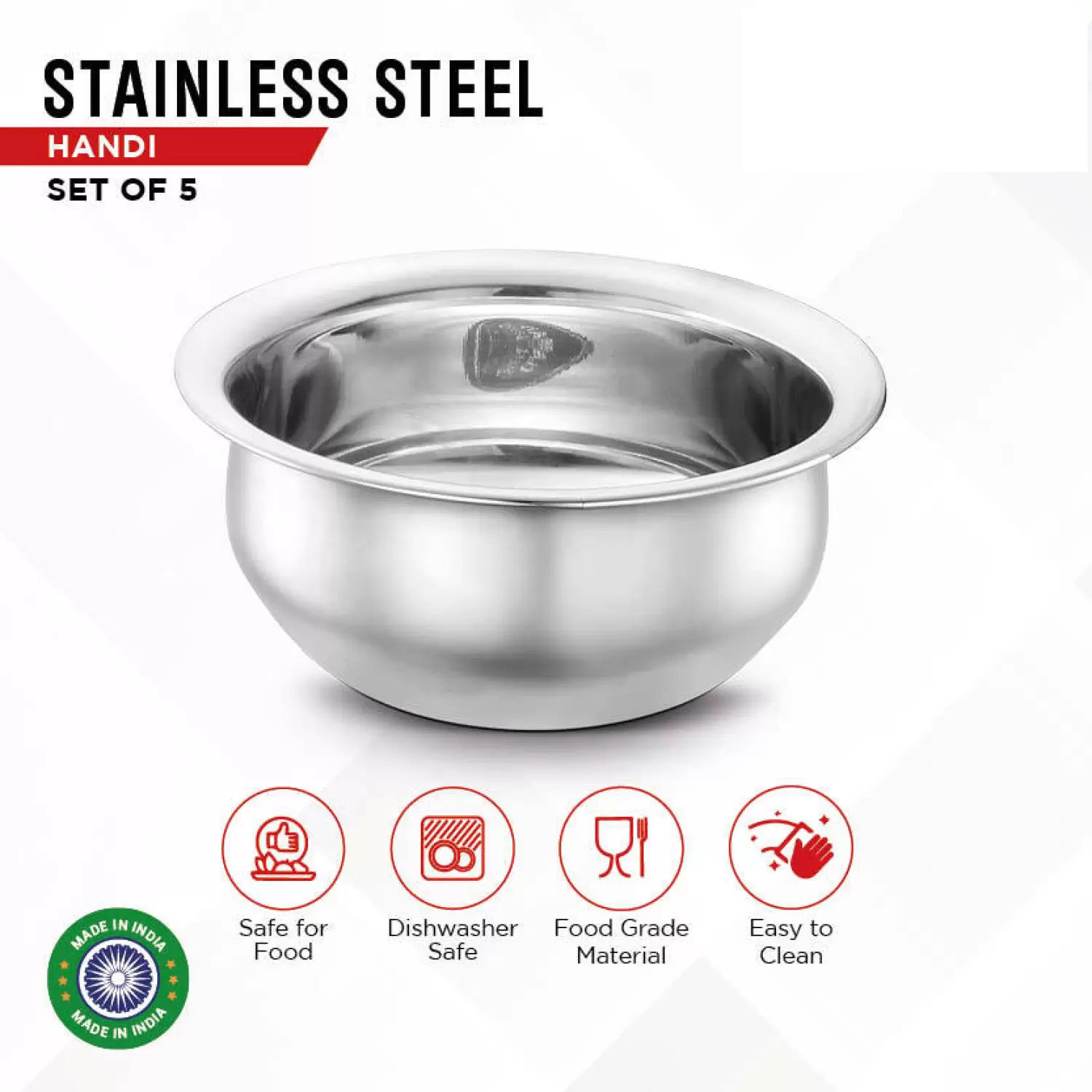 Image of Nirvika Stainless Steel Serving Bowl handi set of lid 5 cookware dinner storage cooking bowl