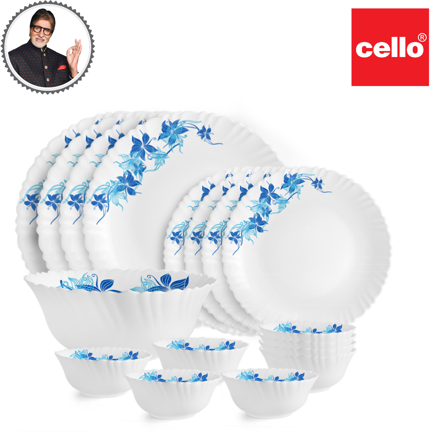 Image of cello Pack of 17 Opalware Dazzle Series Blue Swirl Crockery Set | Dishwasher Safe | Light-Weight Dinner Set (Blue, Microwave Safe)