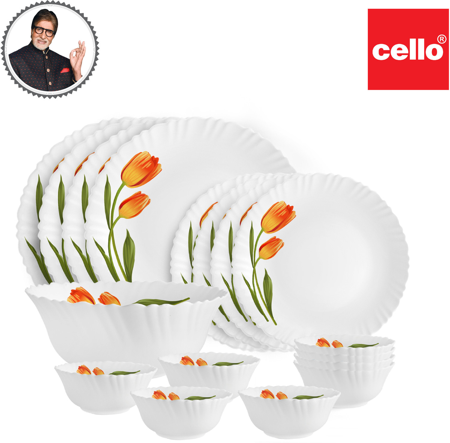 Image of cello Pack of 17 Opalware Dazzle Series Spring Tulip Crockery Set |Dishwasher Safe| Light-Weight Dinner Set (Yellow, Microwave Safe)