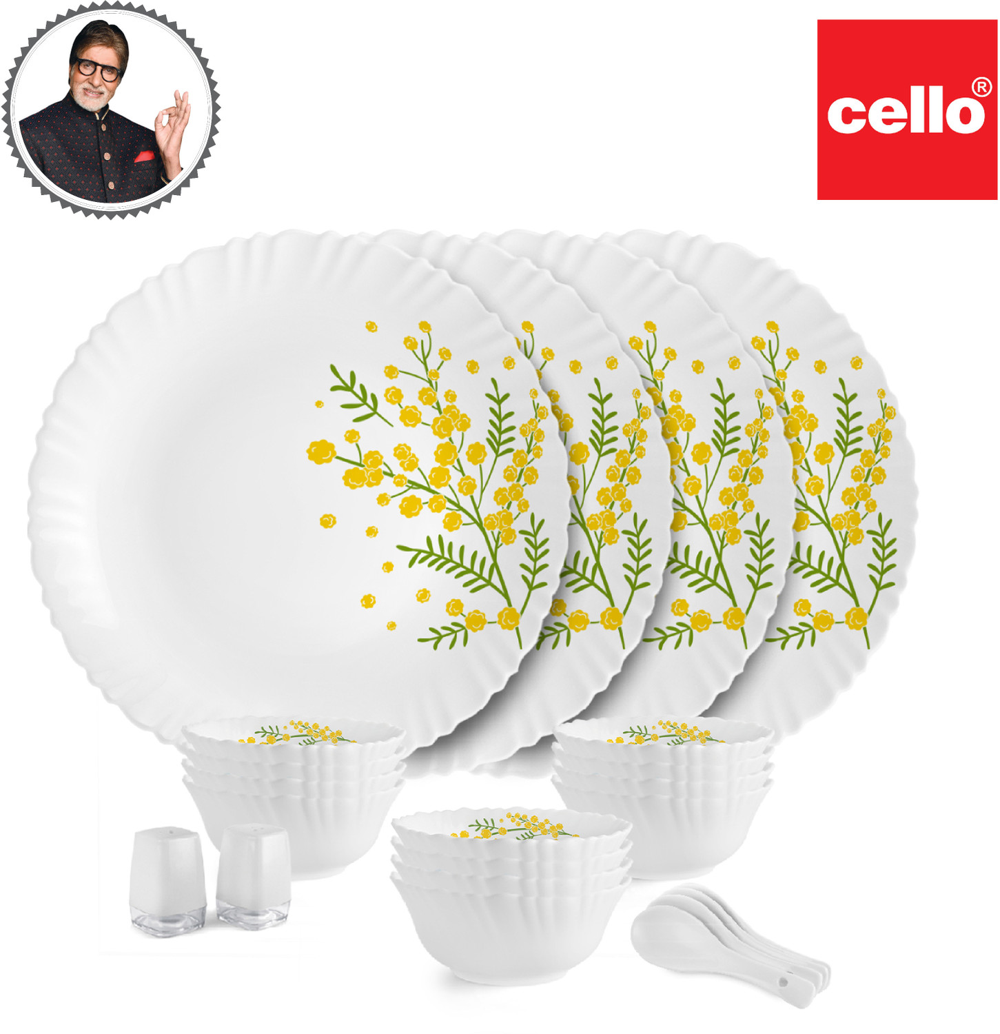 Image of cello Pack of 22 Opalware Dazzle Series Girasol Crockery Set | Dishwasher Safe | Light-Weight Dinner Set (Yellow, Green, Microwave Safe)