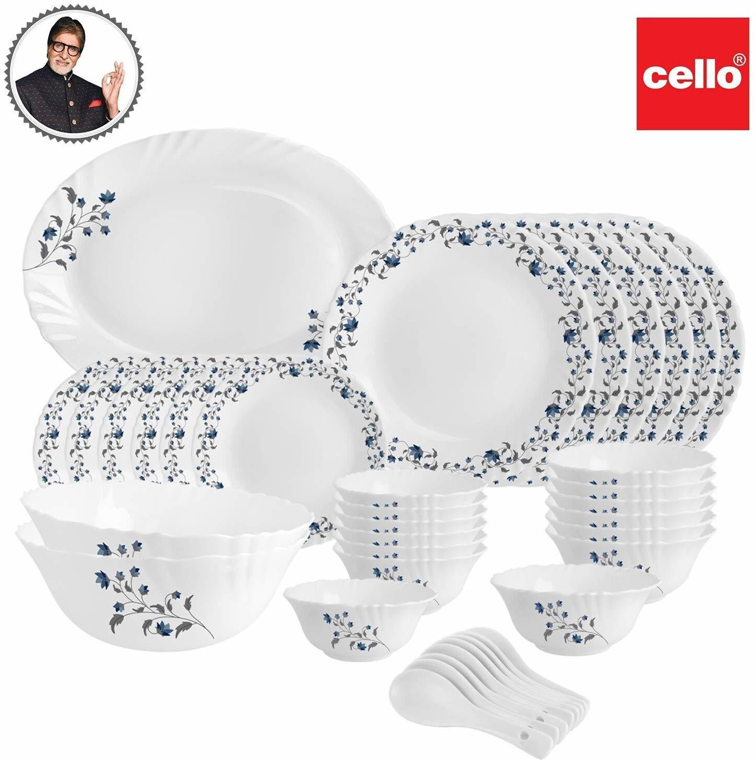 Image of cello Pack of 33 Opalware Vinea Imperial Opal Chip Resistant Dinner Set, 33 Pieces Dinner Set