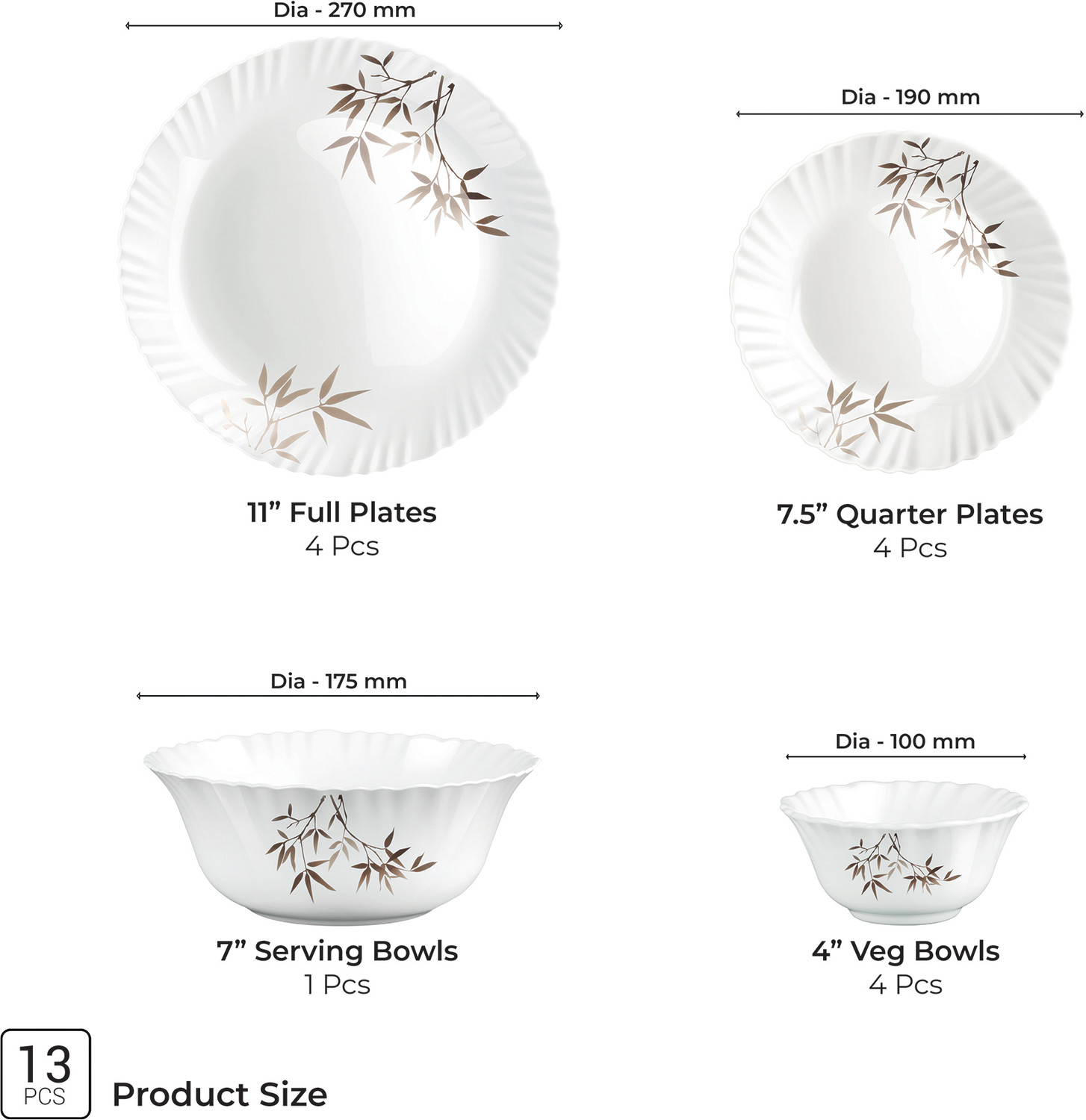 Image of TREO Pack of 13 Opalware Opalware Aurelia Arashi Dinner Set of 13 | Serving for 4 | Dining & Gifting Dinner Set