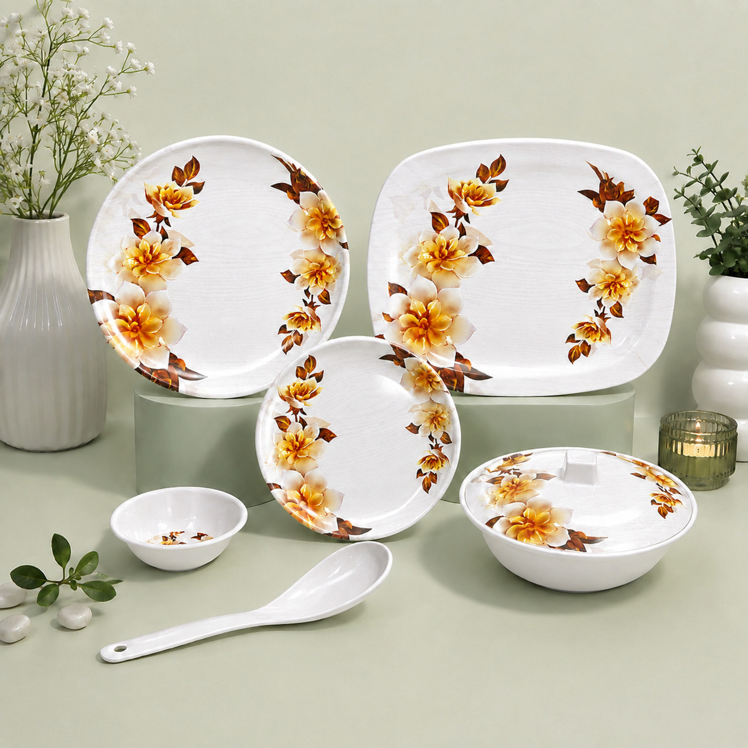 Image of WCSE Pack of 32 Melamin City Gold 100% Food grade and Dishwasher Safe|Stain resistant Dinner Set