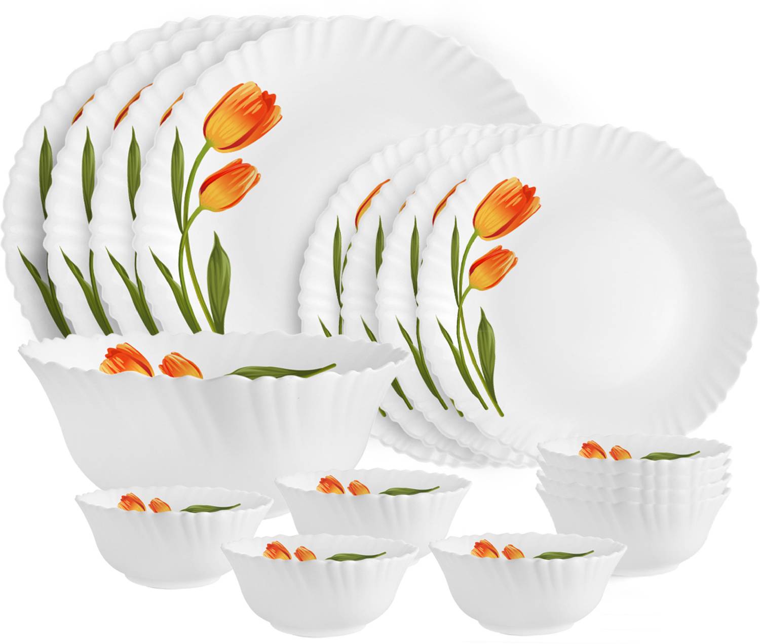 cello Pack of 17 Opalware Dazzle Series Spring Tulip Crockery Set |Dishwasher Safe| Light-Weight Dinner Set