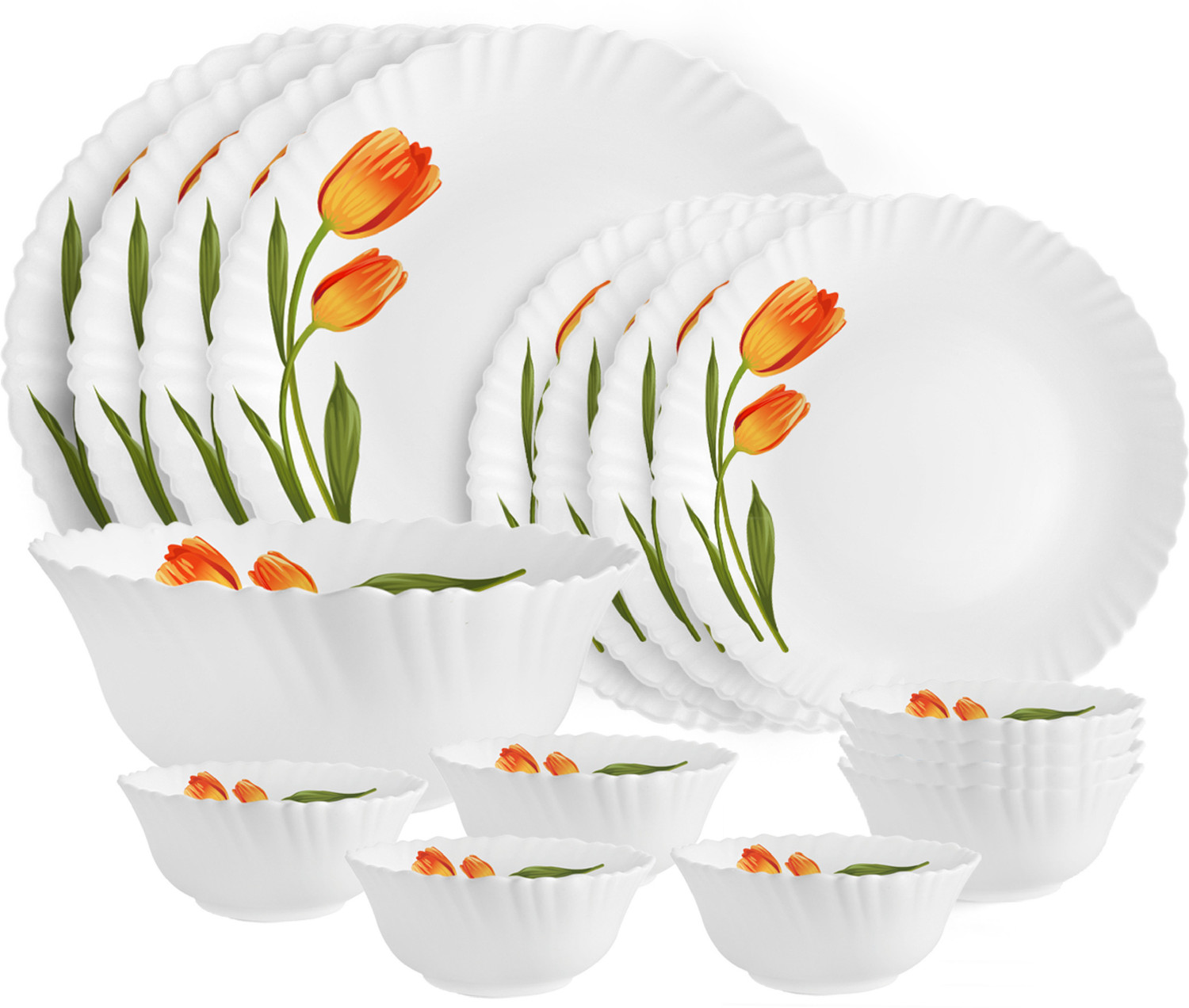Image of cello Pack of 17 Opalware Dazzle Series Spring Tulip Crockery Set |Dishwasher Safe| Light-Weight Dinner Set (Yellow, Microwave Safe)