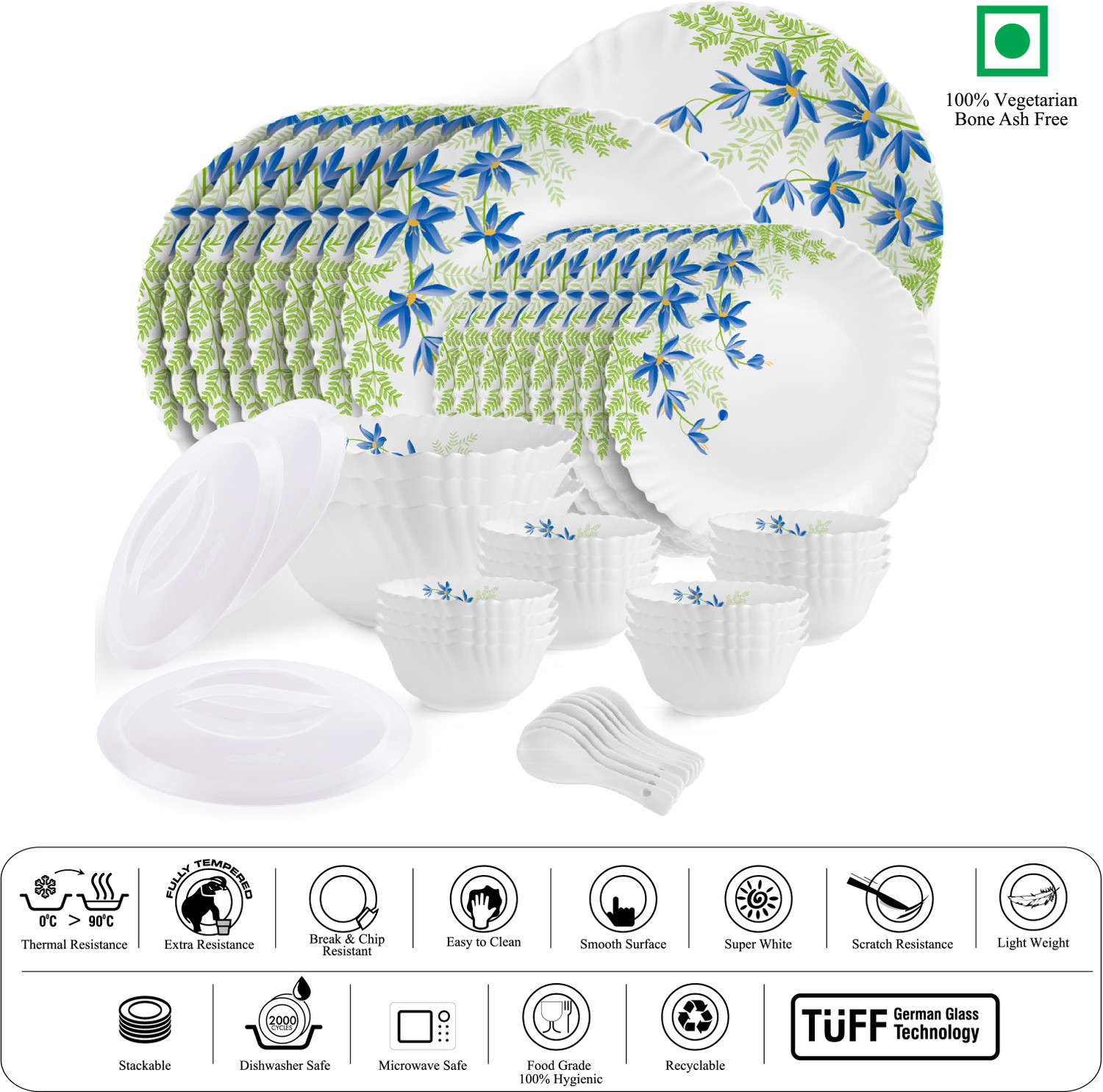 Image of cello Pack of 47 Opalware Dazzle Series Blue Primrose Crockery Set |Dishwasher Safe|Light-Weight Dinner Set (Green, Blue, Microwave Safe)