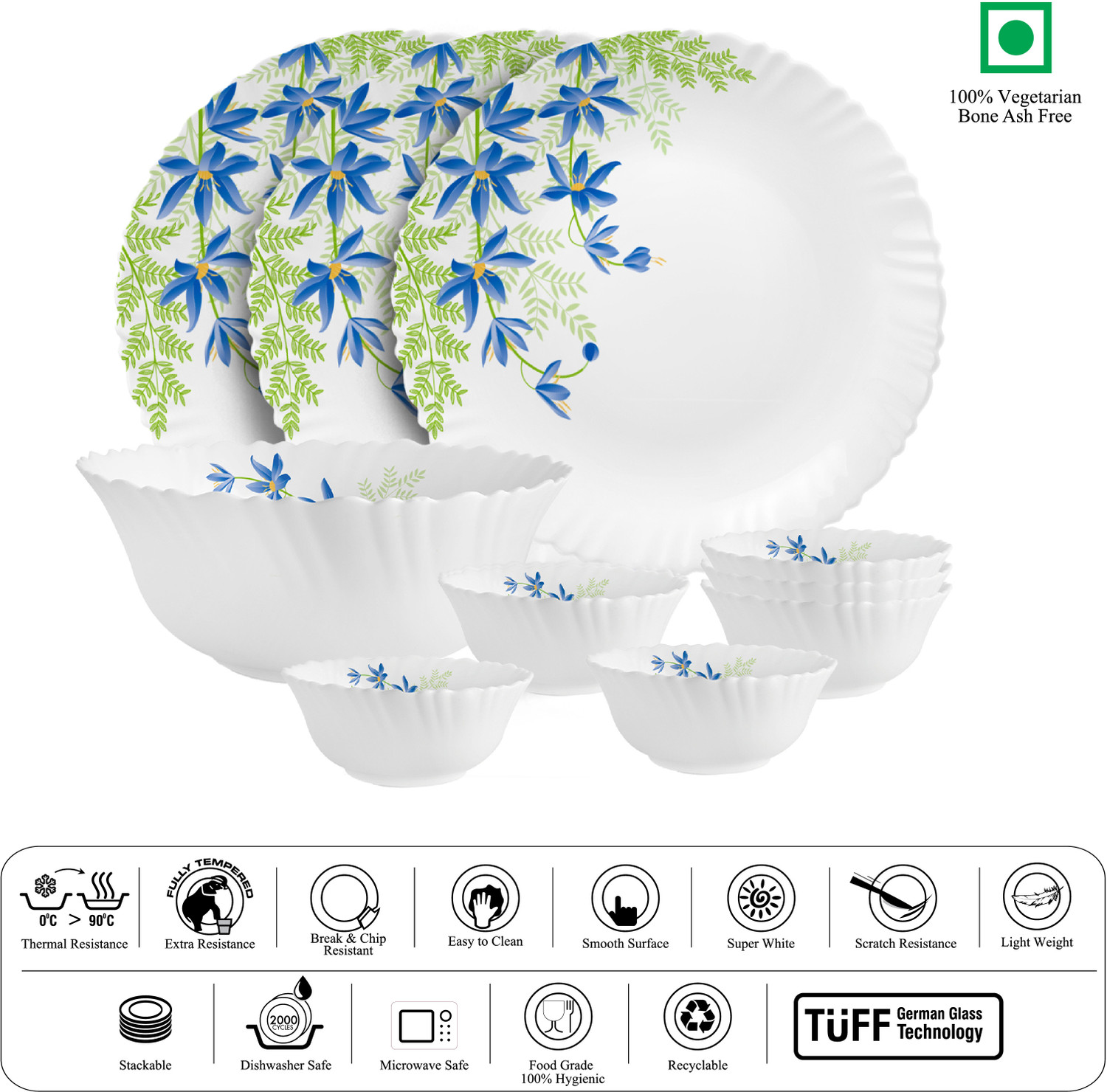 Image of cello Pack of 10 Opalware Dazzle Series Blue Primrose Crockery Set |Dishwasher Safe|Light-Weight Dinner Set (Green, Blue, Microwave Safe)