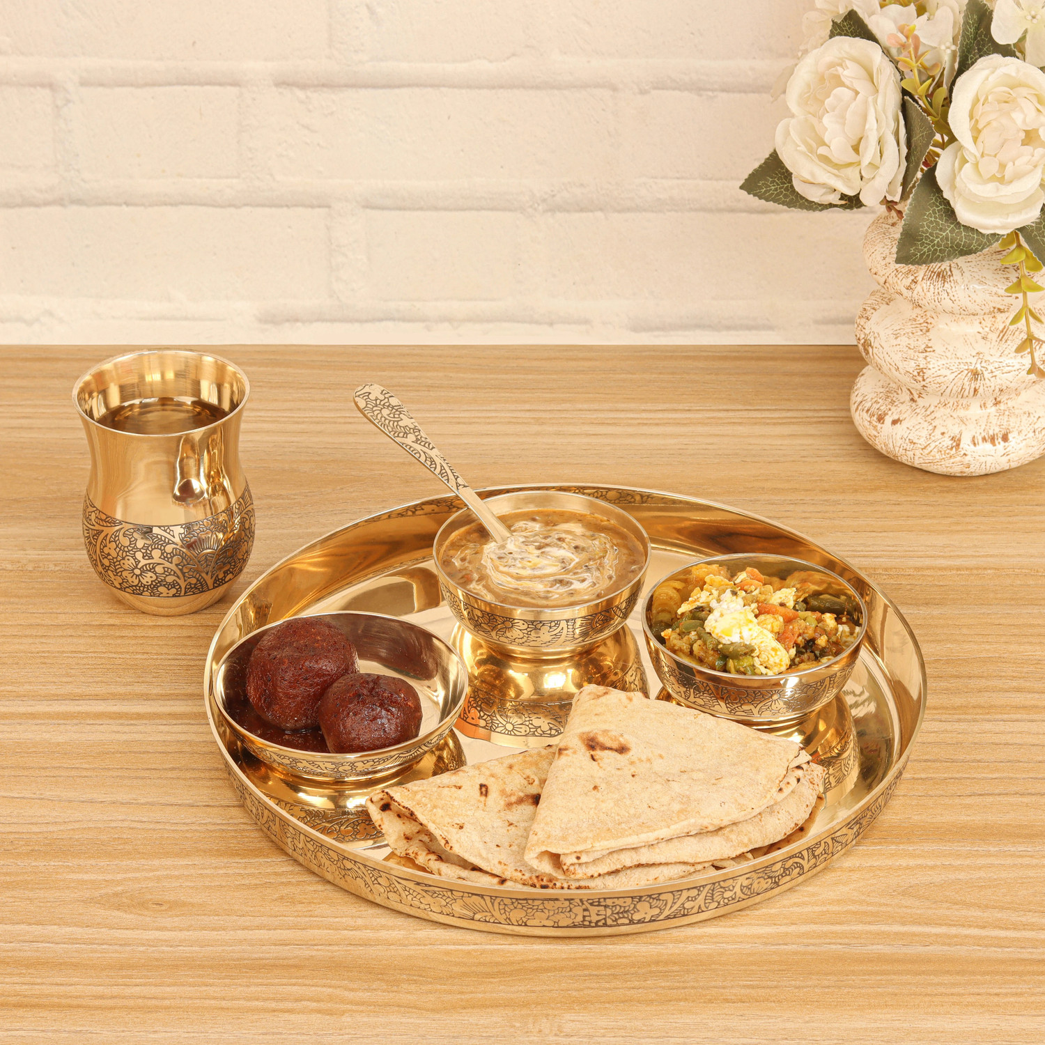 Image of The Healing Store Pack of 6 Bronze pure kansa dinner set eaching design for serving Dinner Set