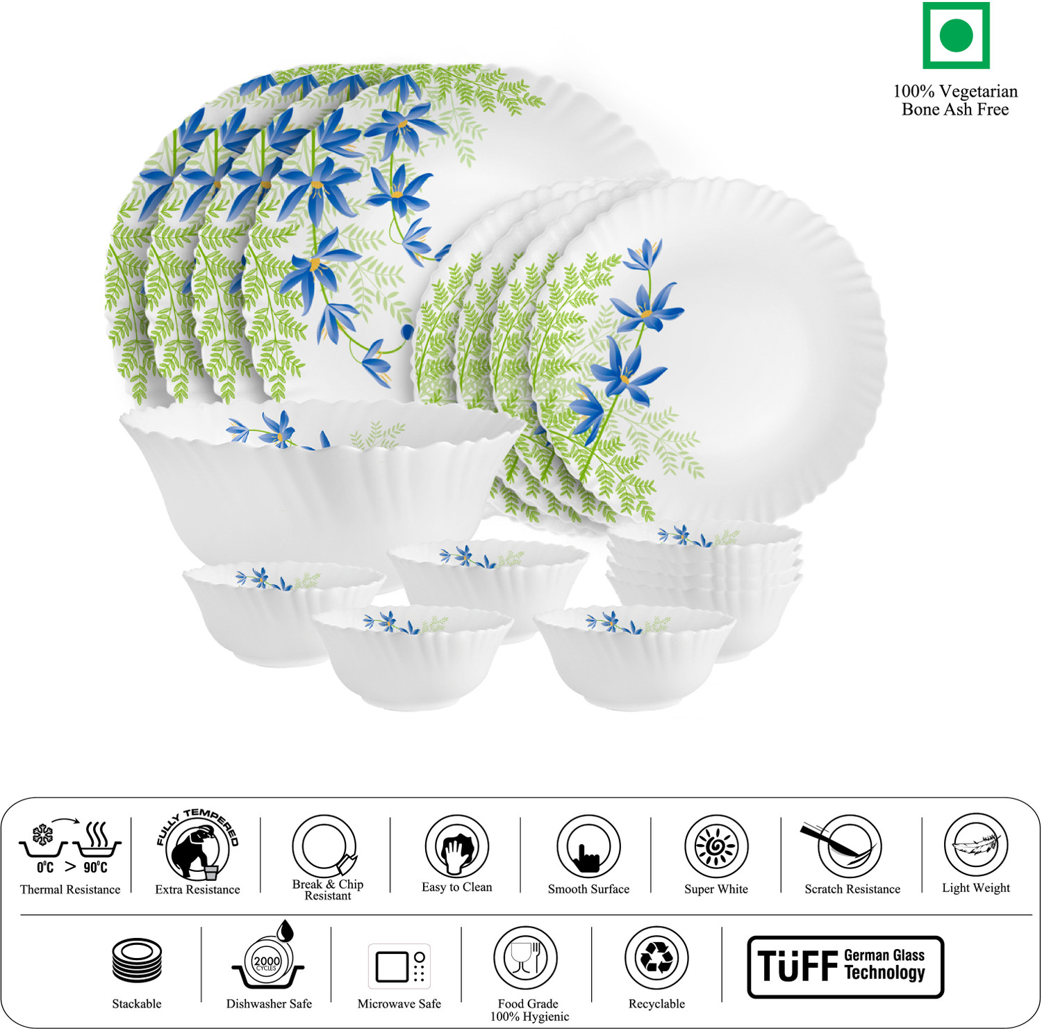 Image of cello Pack of 17 Opalware Dazzle Series Blue Primrose Crockery Set |Dishwasher Safe|Light-Weight Dinner Set (Green, Blue, Microwave Safe)