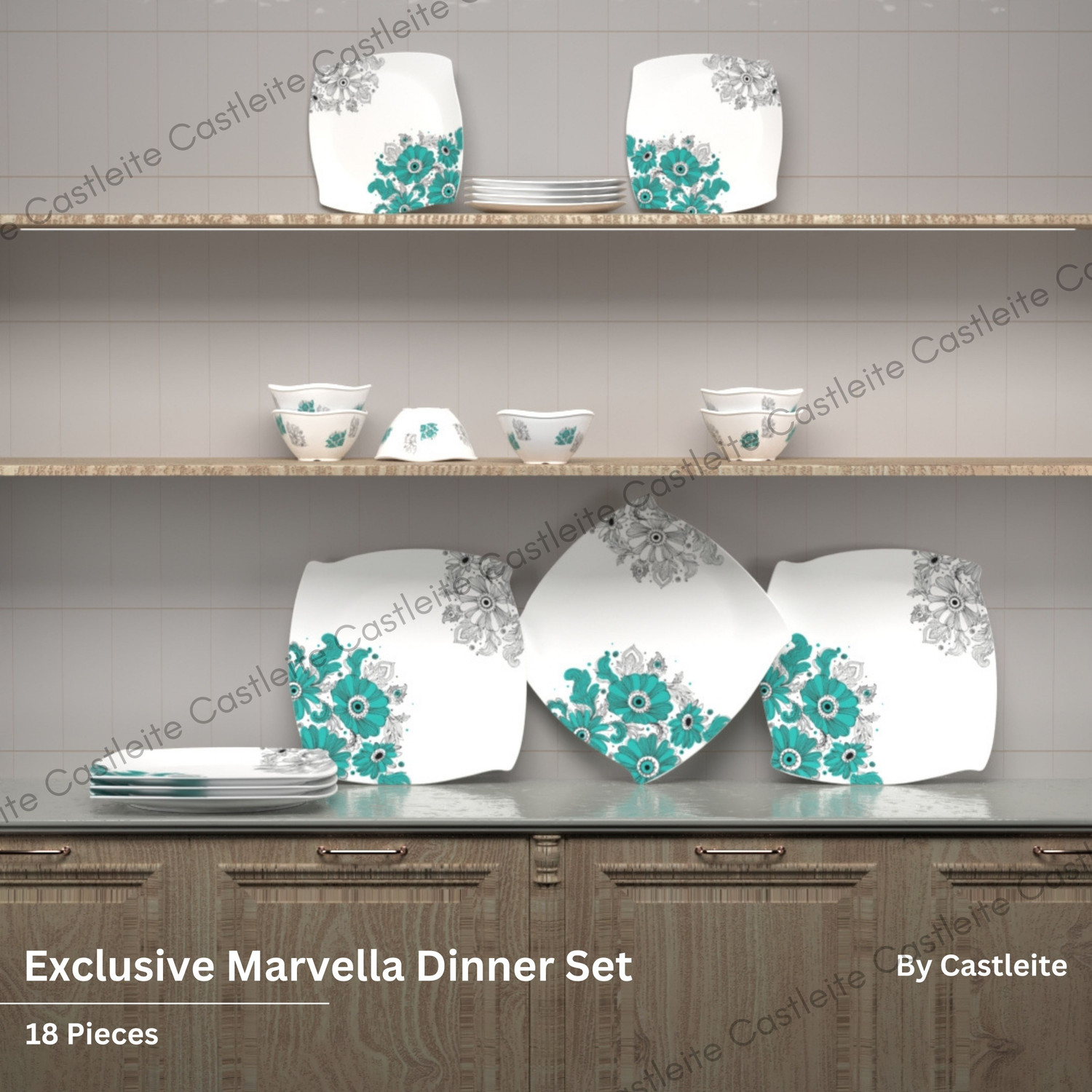 Image of Castleite Pack of 18 Melamin Marvella Lazuli Dream Edgy Designer Crockery Dinner Set