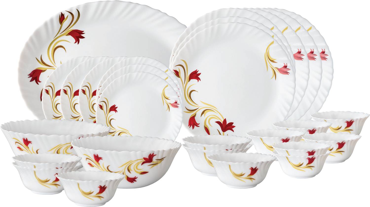 Larah by Borosil Pack of 27 Opalware Red Lily Dinner Set