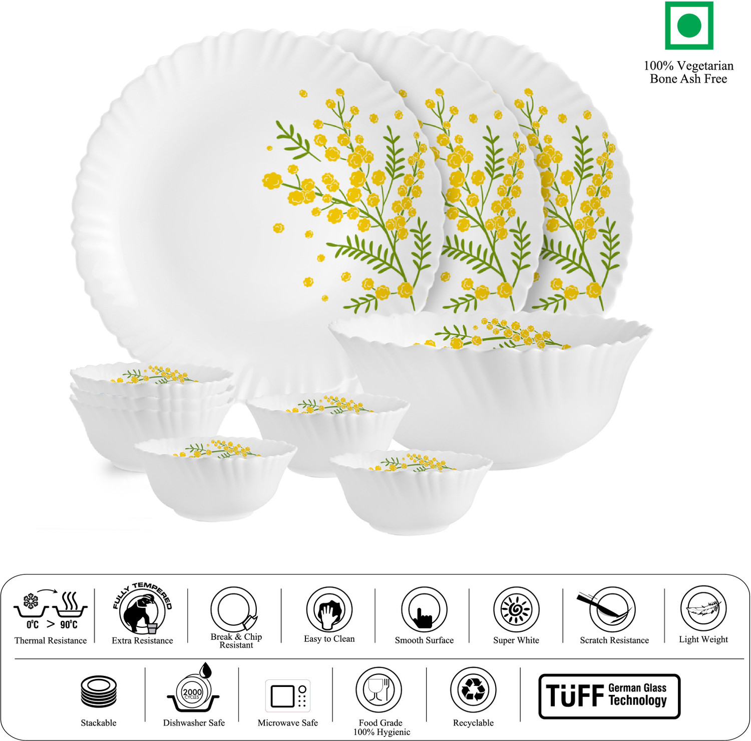Image of cello Pack of 10 Opalware Dazzle Series Girasol Crockery Set | Dishwasher Safe | Light-Weight Dinner Set (Yellow, Green, Microwave Safe)