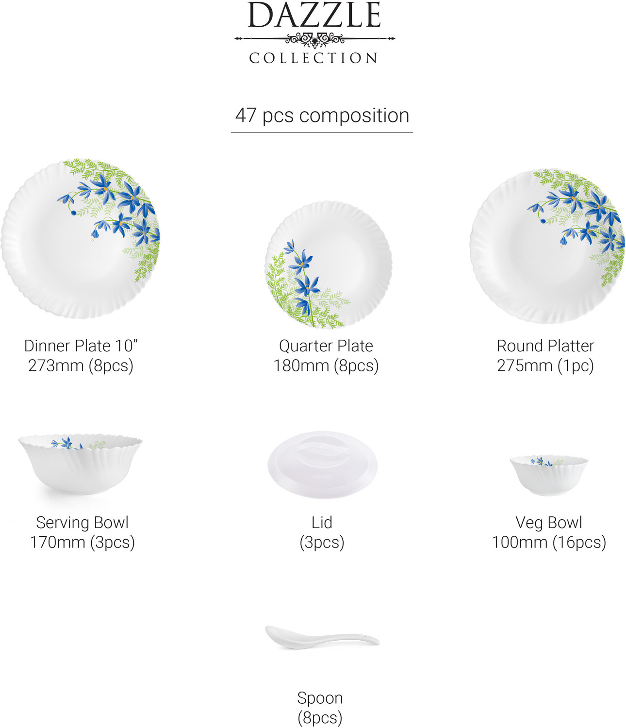 Image of cello Pack of 47 Opalware Dazzle Series Blue Primrose Crockery Set |Dishwasher Safe|Light-Weight Dinner Set (Green, Blue, Microwave Safe)