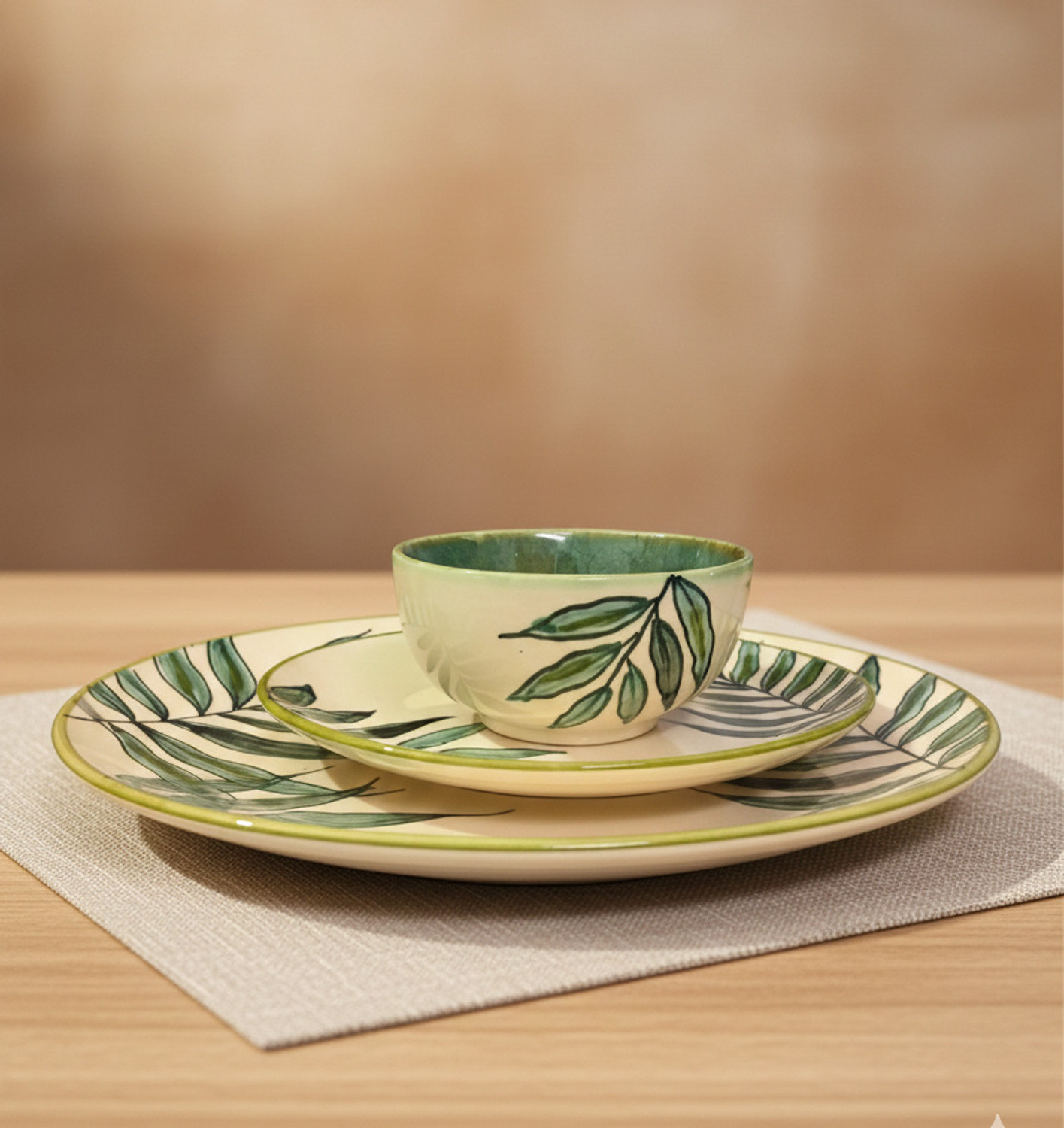 Image of Brills Pack of 3 Ceramic -(Leaf Print), Handpainted Dinnerware I Full Plate, Quarter Plate & Katori - Dinner Set