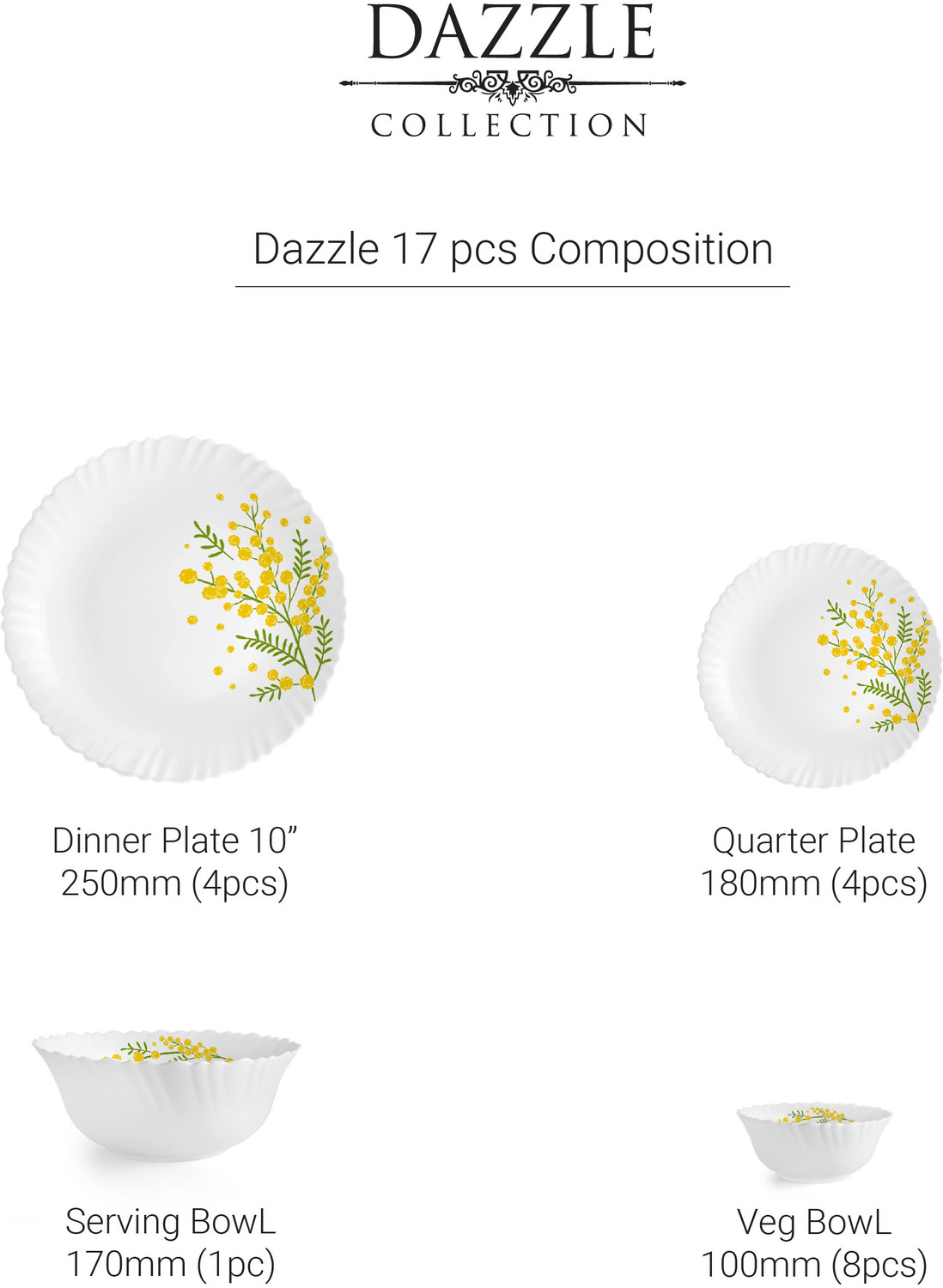 Image of cello Pack of 17 Opalware Dazzle Series Girasol Crockery Set | Dishwasher Safe | Light-Weight Dinner Set (Yellow, Green, Microwave Safe)