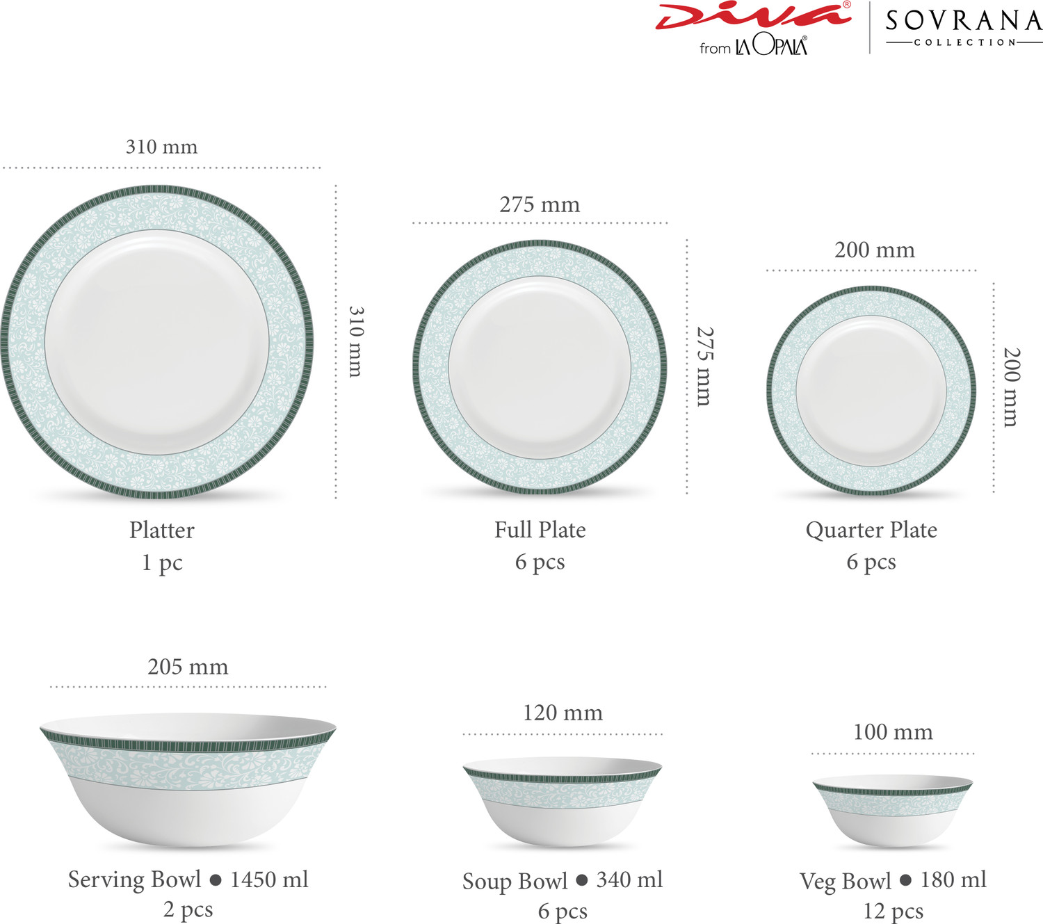 Image of LAOPALA Pack of 33 Opalware Sovrana Collection Amaya Blue Dinner Set