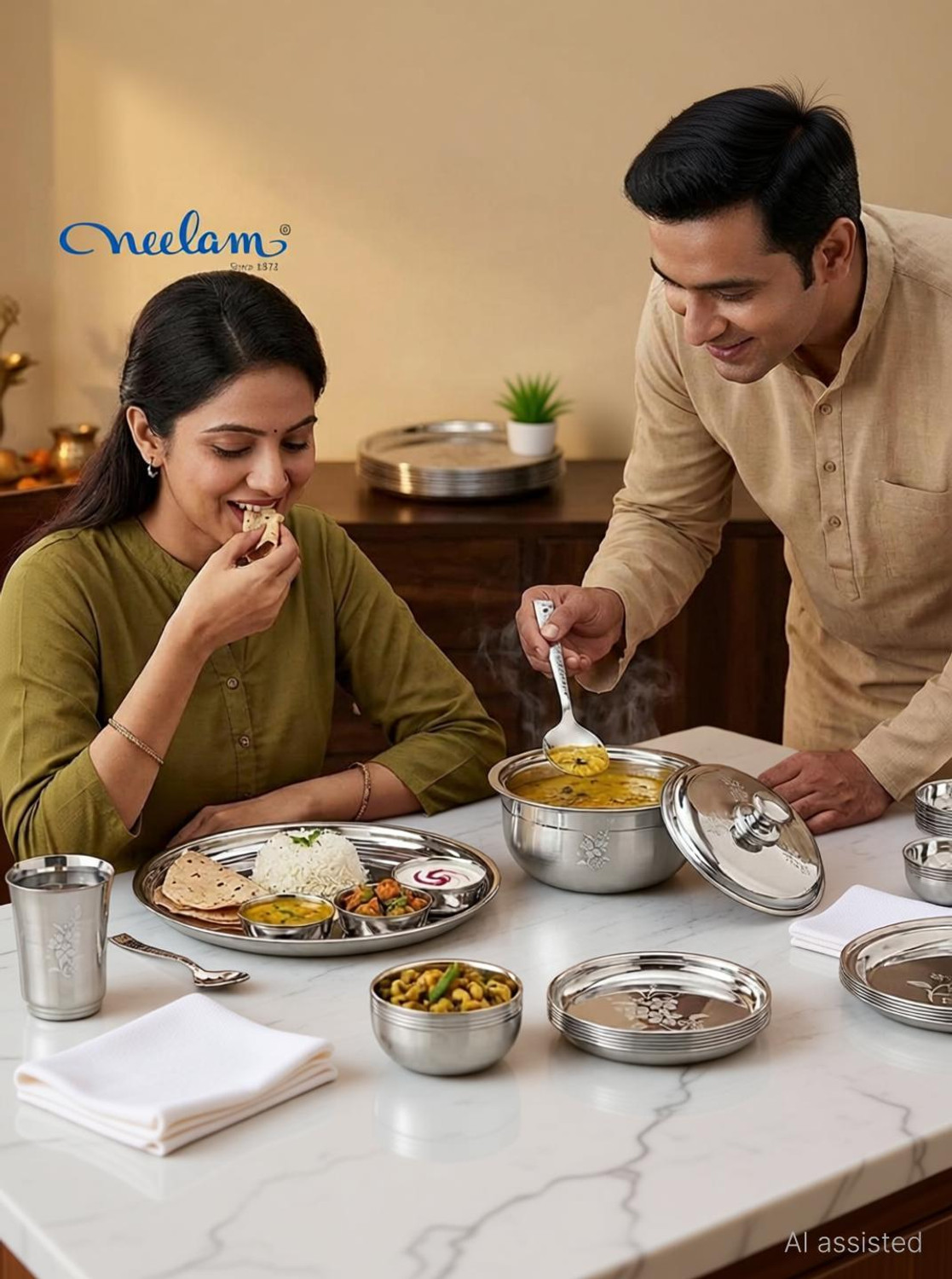 Image of NEELAM Pack of 101 Stainless Steel Neelam Stainless Steel 24G Lazer Etching Eco Dinner Set 101 Pcs Silver Dinner Set