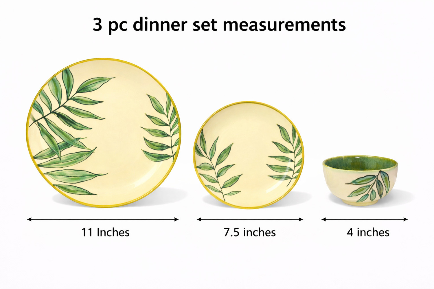 Image of Brills Pack of 3 Ceramic -(Leaf Print), Handpainted Dinnerware I Full Plate, Quarter Plate & Katori - Dinner Set