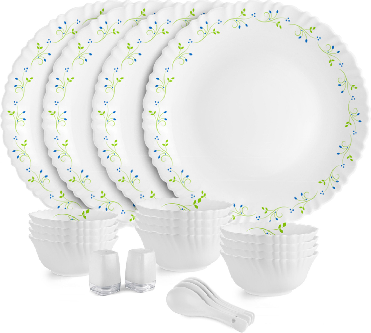 Image of cello Pack of 22 Opalware Tropical Lagoon |Crockery Set | Dinner Set (Green, White, Microwave Safe)