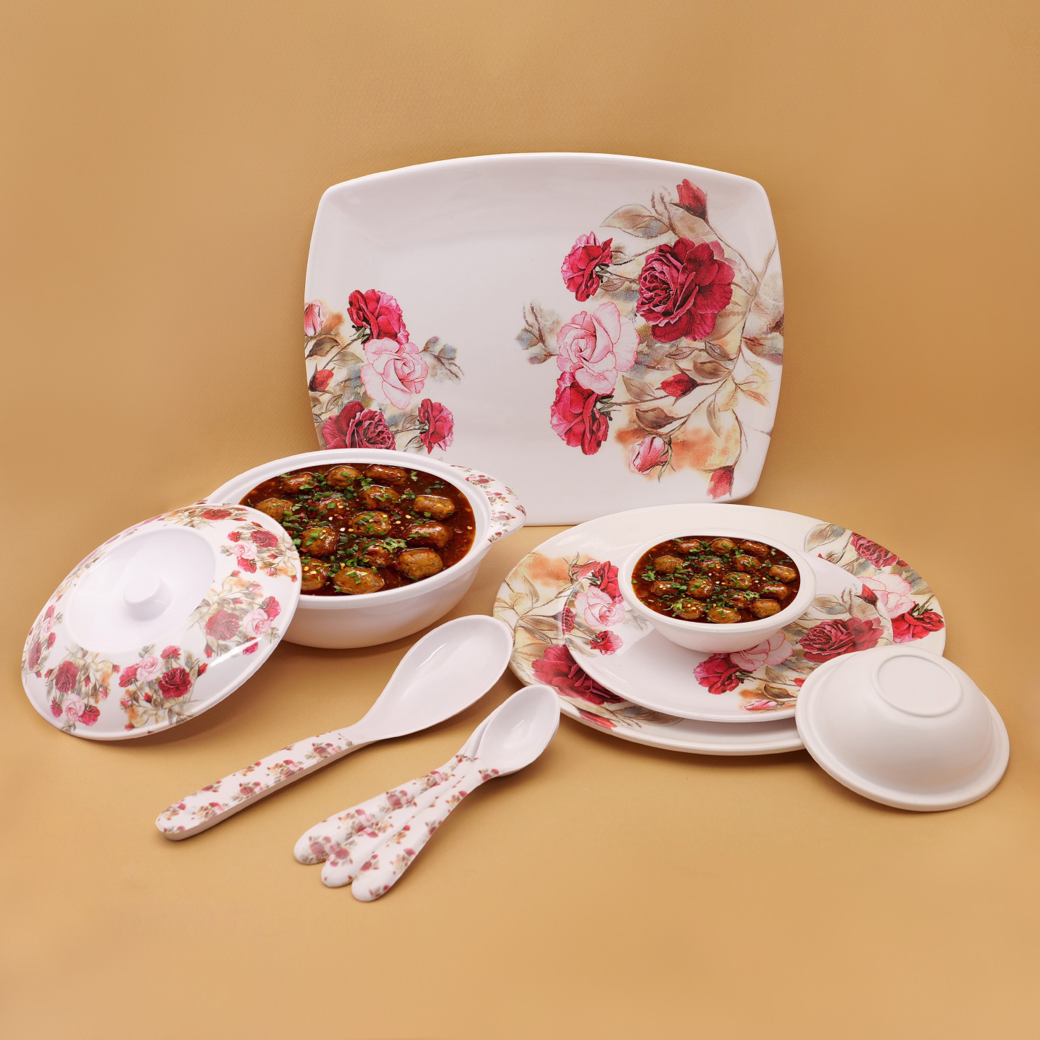 Image of Home-pro Pack of 40 Melamin Dinner set Everyday Elegant, Stain Resistant, Beautiful Red & Pink Floral Design Dinner Set