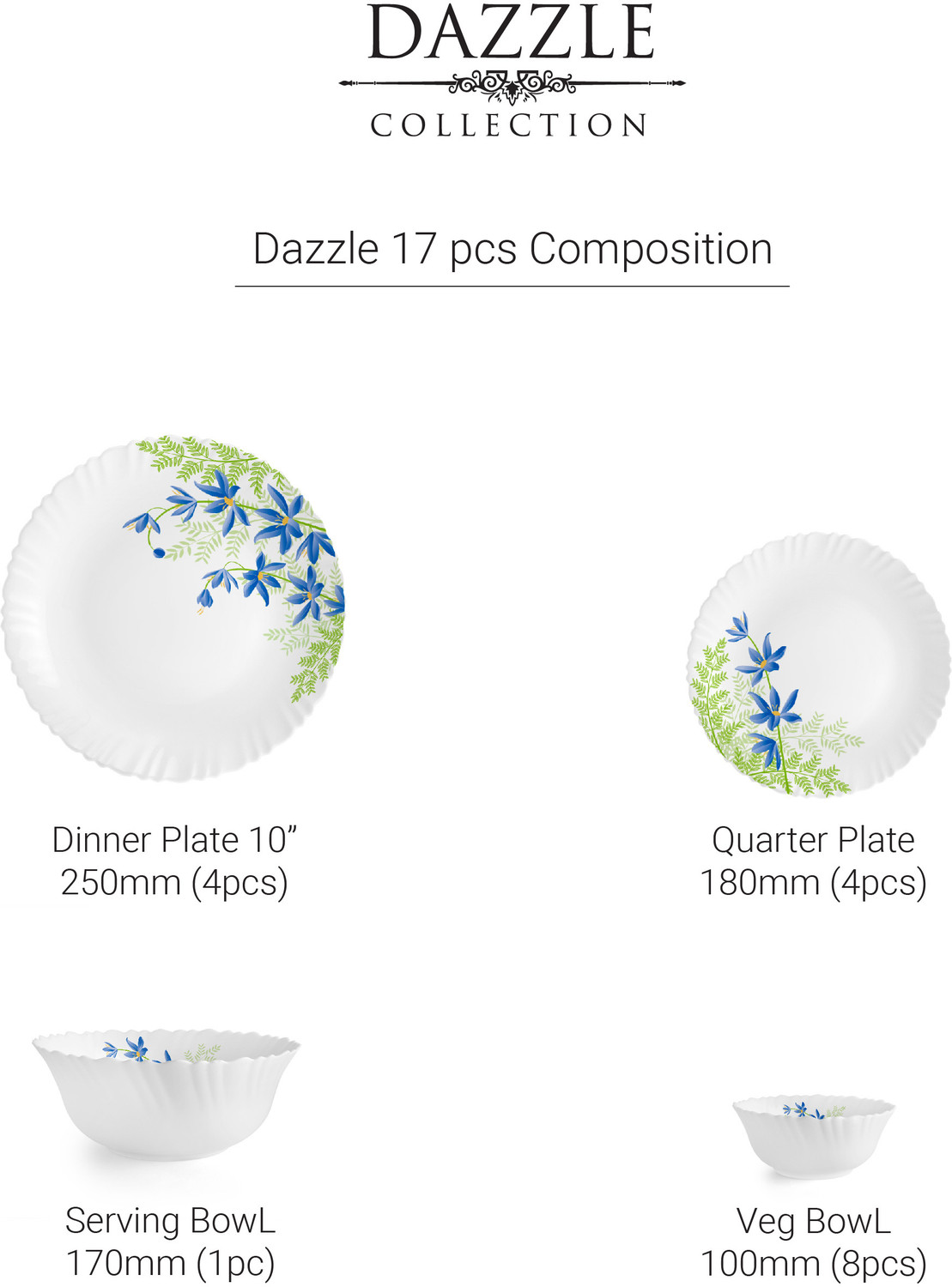 Image of cello Pack of 17 Opalware Dazzle Series Blue Primrose Crockery Set |Dishwasher Safe|Light-Weight Dinner Set (Green, Blue, Microwave Safe)