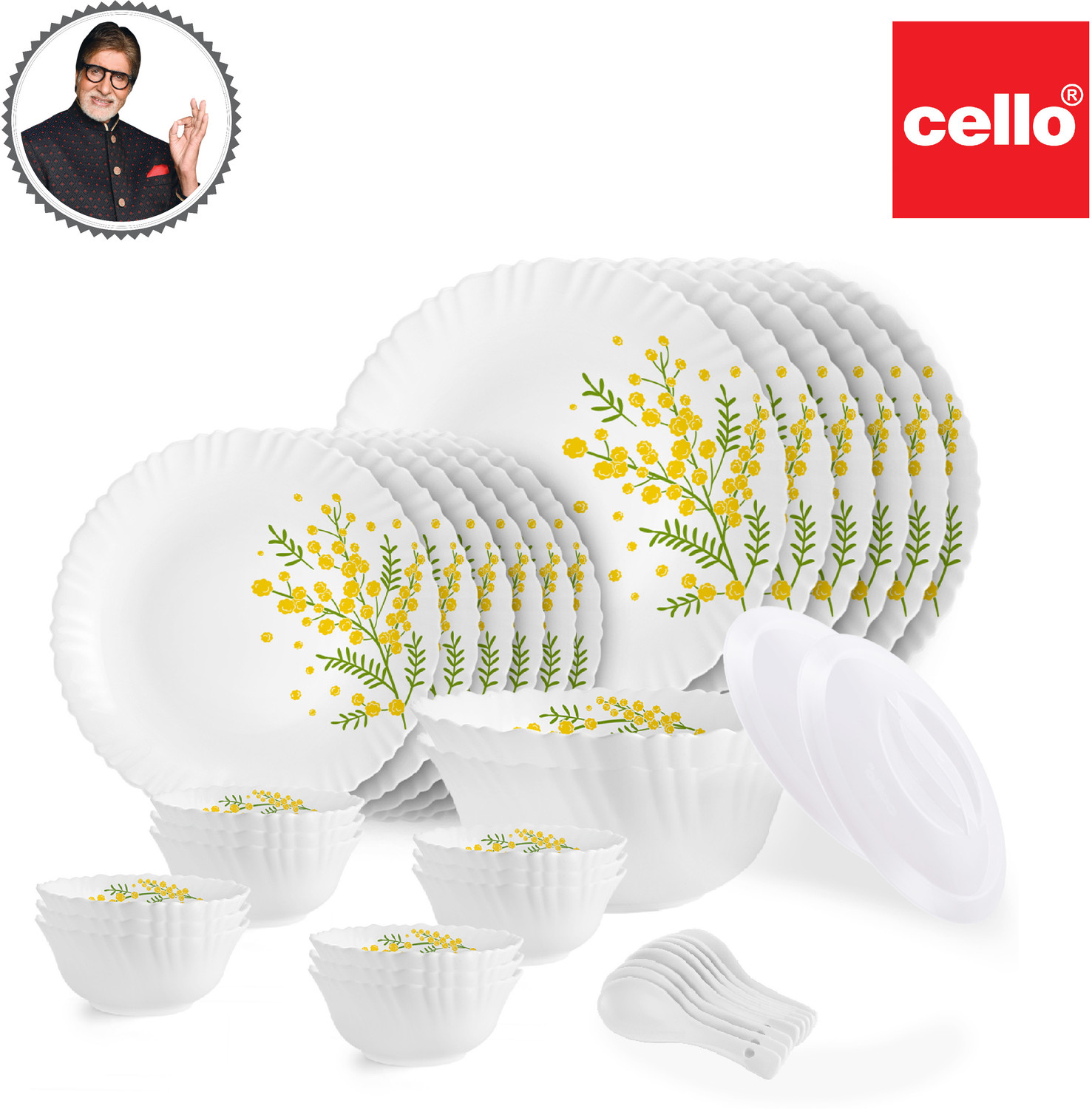Image of cello Pack of 34 Opalware Dazzle Series Girasol Crockery Set|Dishwasher Safe|Light-Weight Dinner Set (Yellow, Green, Microwave Safe)