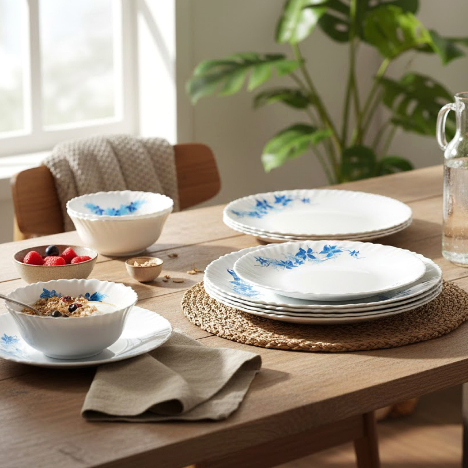 Image of cello Pack of 37 Opalware Dazzle Blue Swirl Scratch Resistant / Light Weight / Smooth Surface Dinner Set (Blue, Microwave Safe)