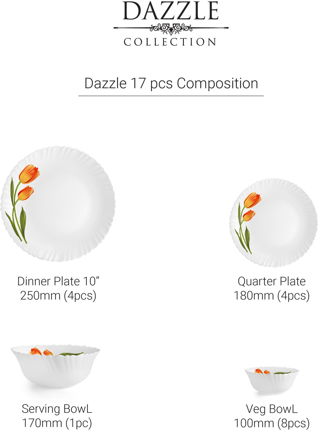 Image of cello Pack of 17 Opalware Dazzle Series Spring Tulip Crockery Set |Dishwasher Safe| Light-Weight Dinner Set (Yellow, Microwave Safe)