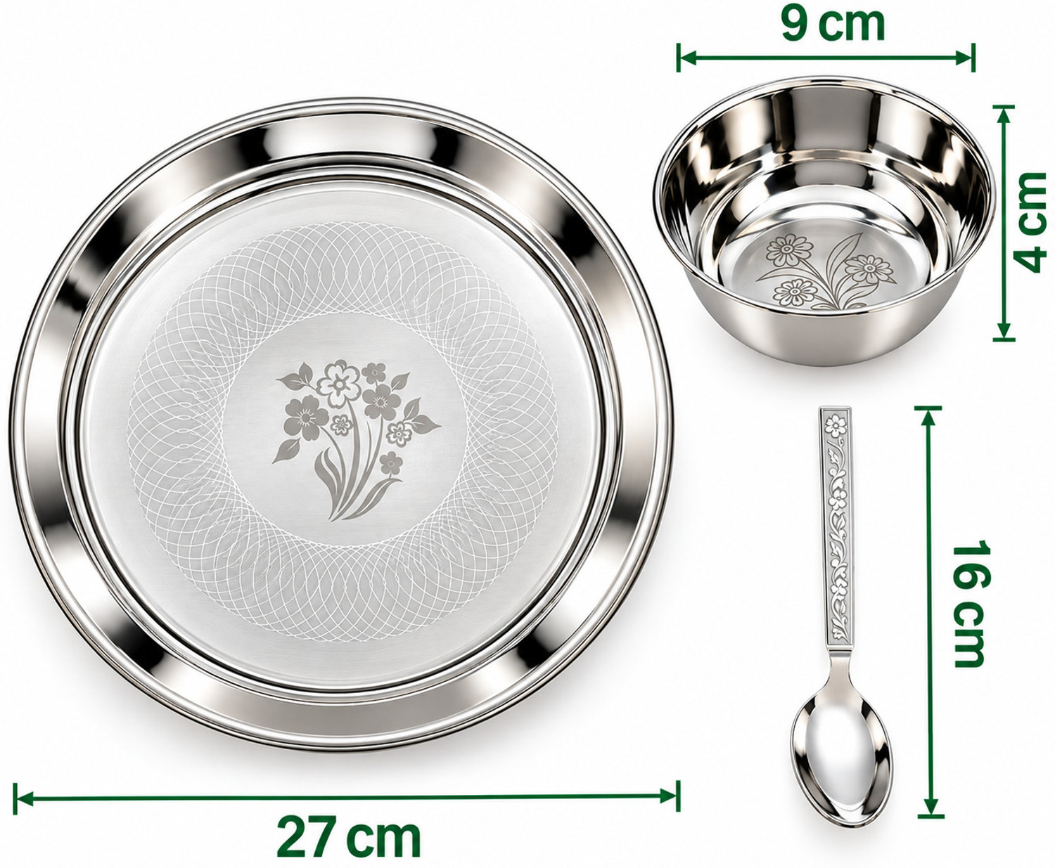 Image of Cimis Pack of 9 Stainless Steel, Silver, Steel Steel Dinner Set Pack of 9, 3 Steel Plate 3 Steel Bowl Set 3 Spoon Utensil Set Dinner Set