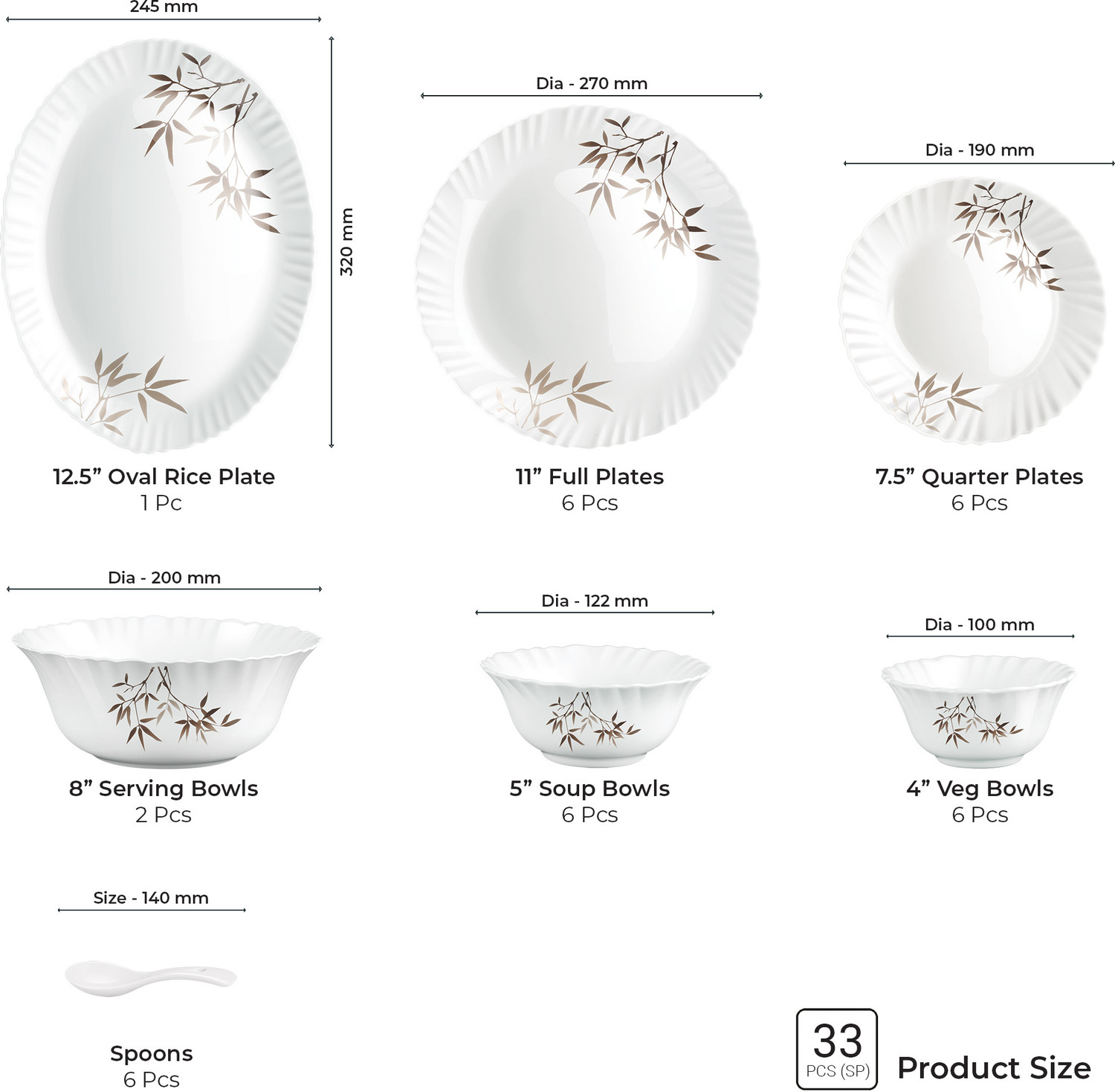 Image of TREO Pack of 33 Opalware Opalware Aurelia Arashi Dinner Set of 33 Serving for 6 Set for Dining, Gifting Dinner Set