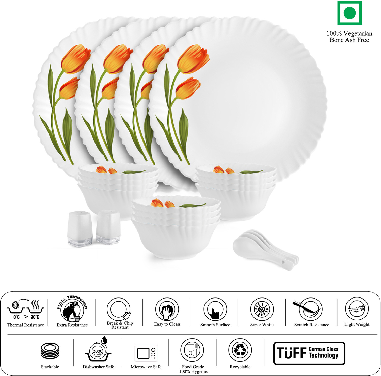 Image of cello Pack of 22 Opalware Dazzle Series Spring Tulip Crockery Set |Dishwasher Safe| Light-Weight Dinner Set (Yellow, Microwave Safe)