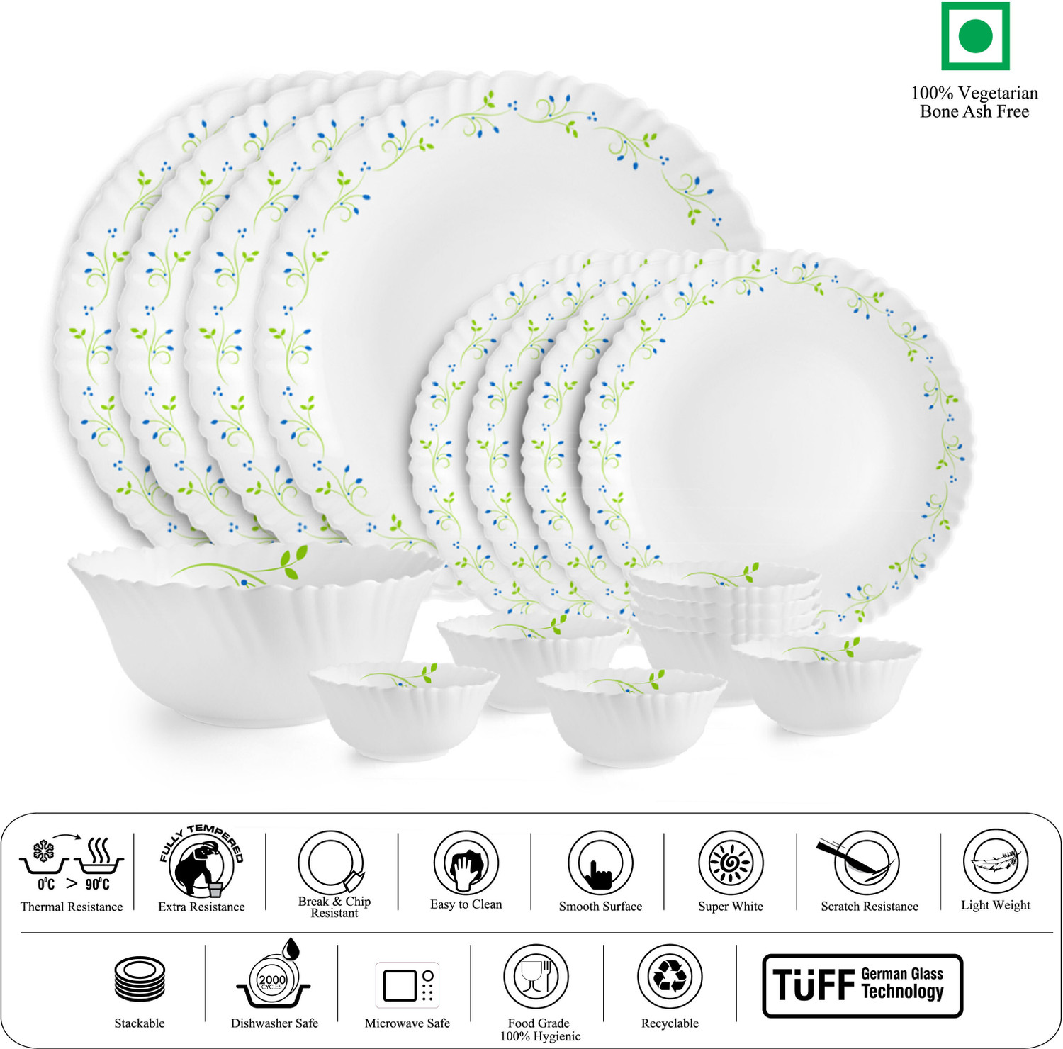 Image of cello Pack of 17 Opalware Dazzle Tropical Lagoon |Crockery| Dinner Set (Green, White, Microwave Safe)