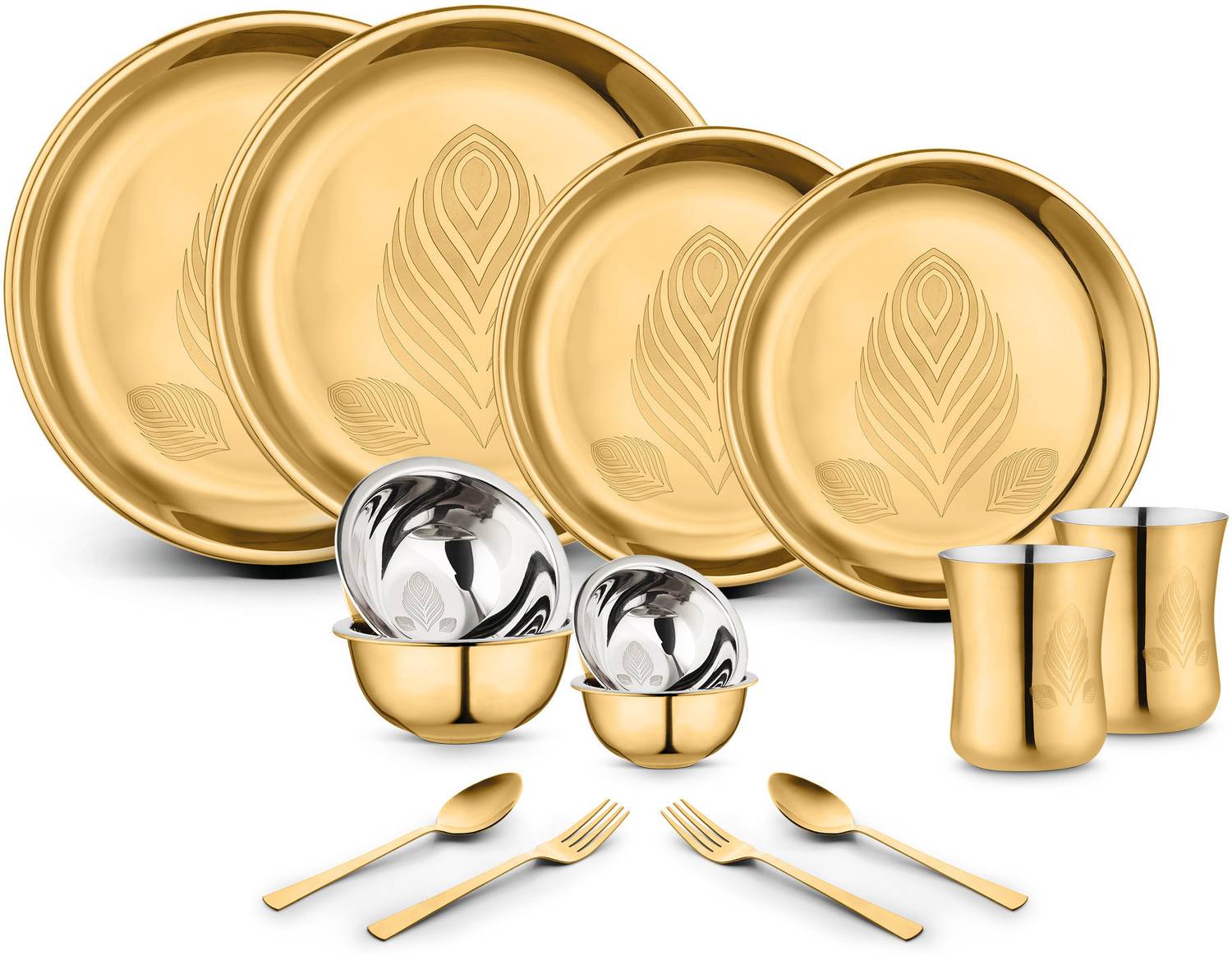 Classic Essentials Pack of 14 Stainless Steel Divine Dinner Set, High Grade PVD Coating with Permanent Laser Design Dinner Set — Kitchen Tools & Gadgets