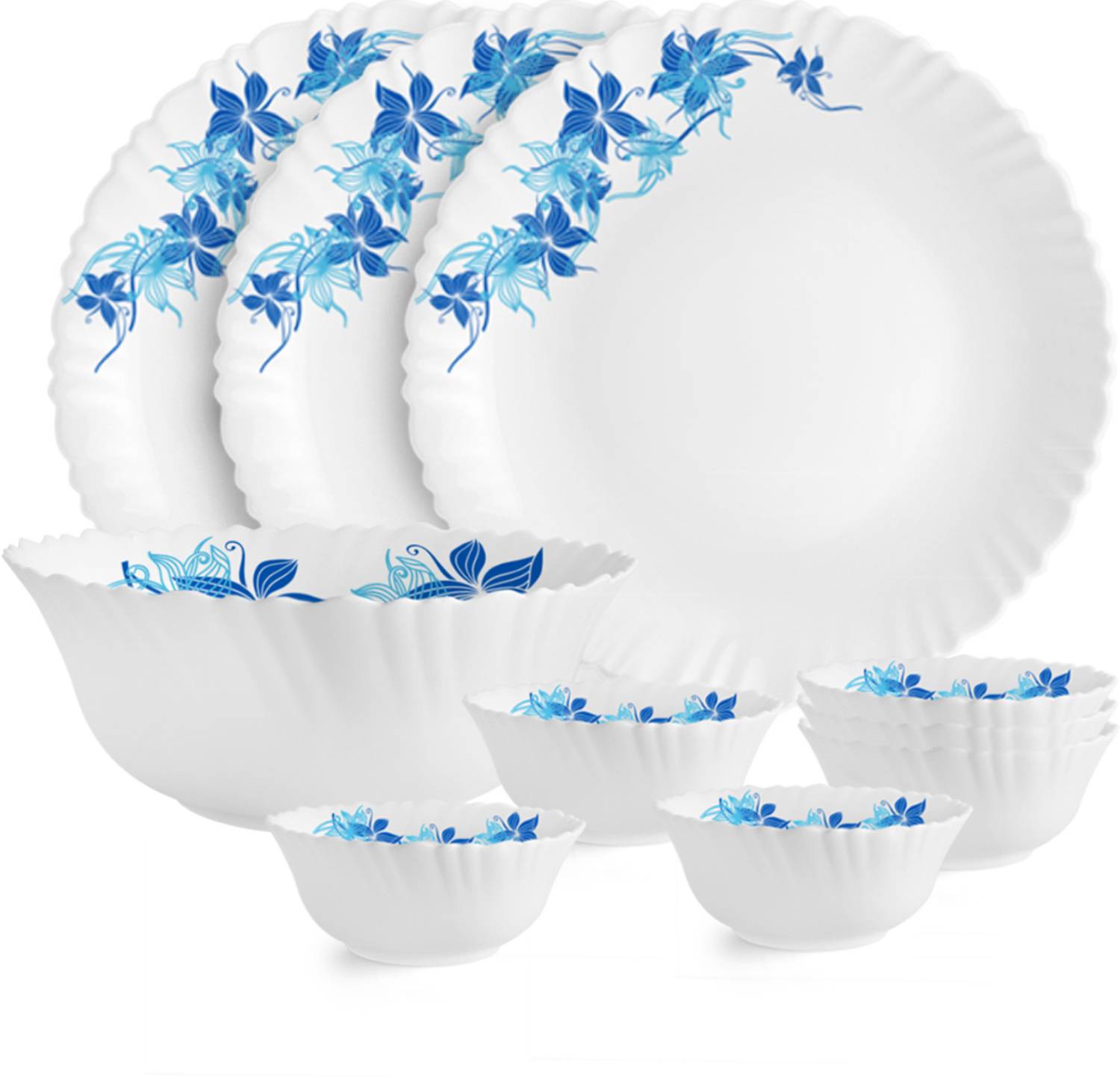 cello Pack of 10 Opalware Series Blue Swirl Crockery Set | Dishwasher Safe | Light-Weight Dinner Set