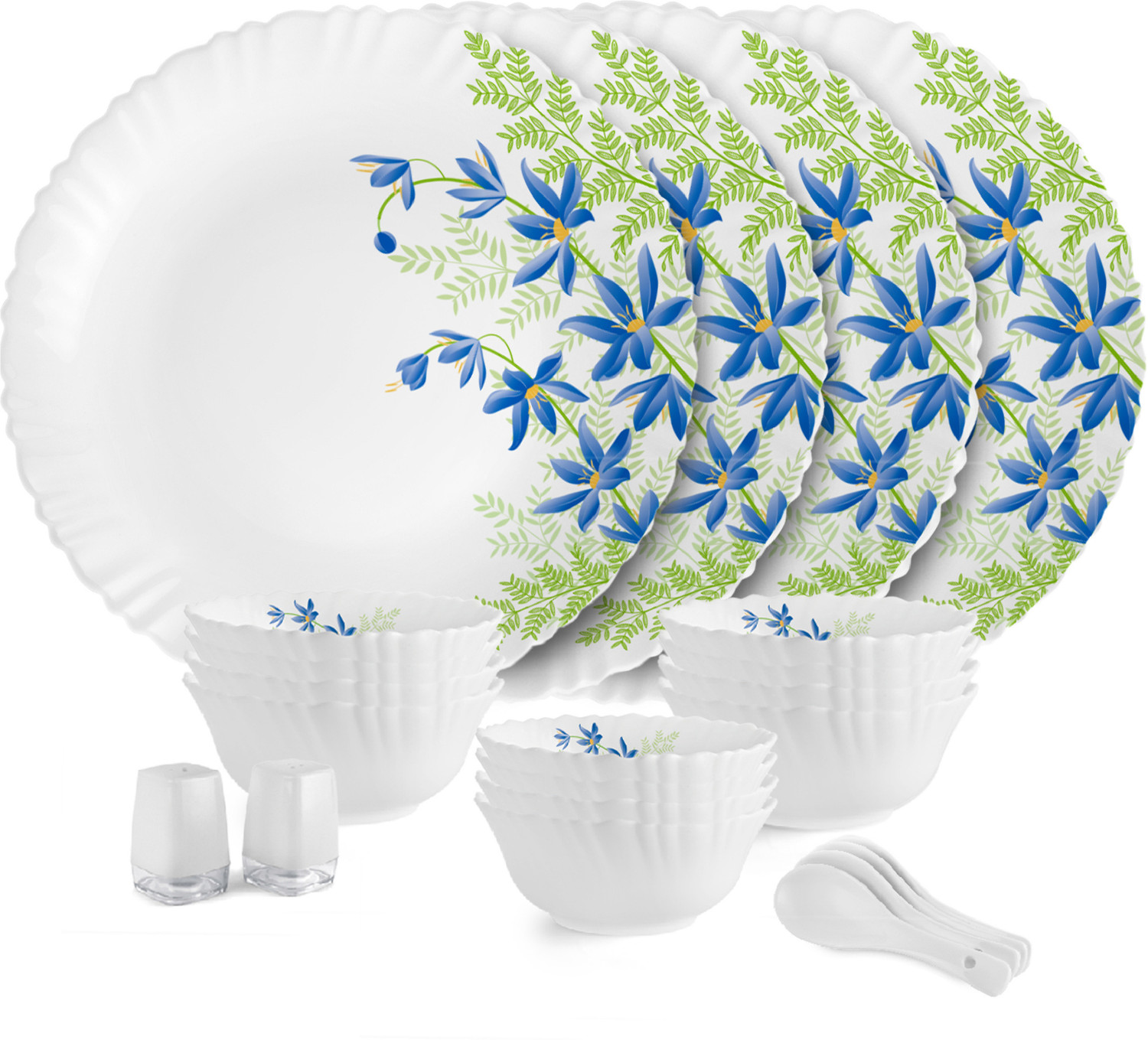 Image of cello Pack of 22 Opalware Dazzle Series Blue Primrose Crockery Set |Dishwasher Safe|Light-Weight Dinner Set (Green, Blue, Microwave Safe)