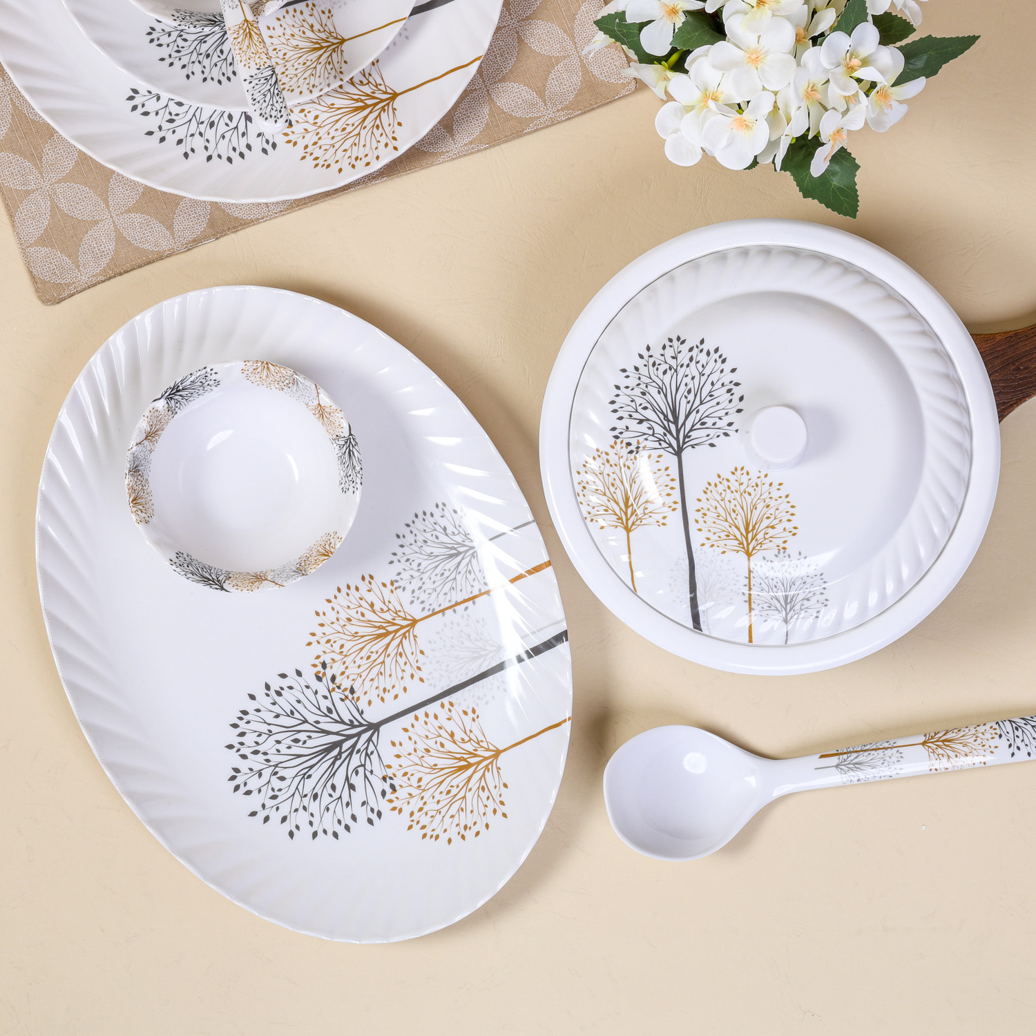 Image of City Gold Pack of 43 Melamin Dinner Set, elegant way to serve dinner to your family or guests, Fluted round Dinner Set